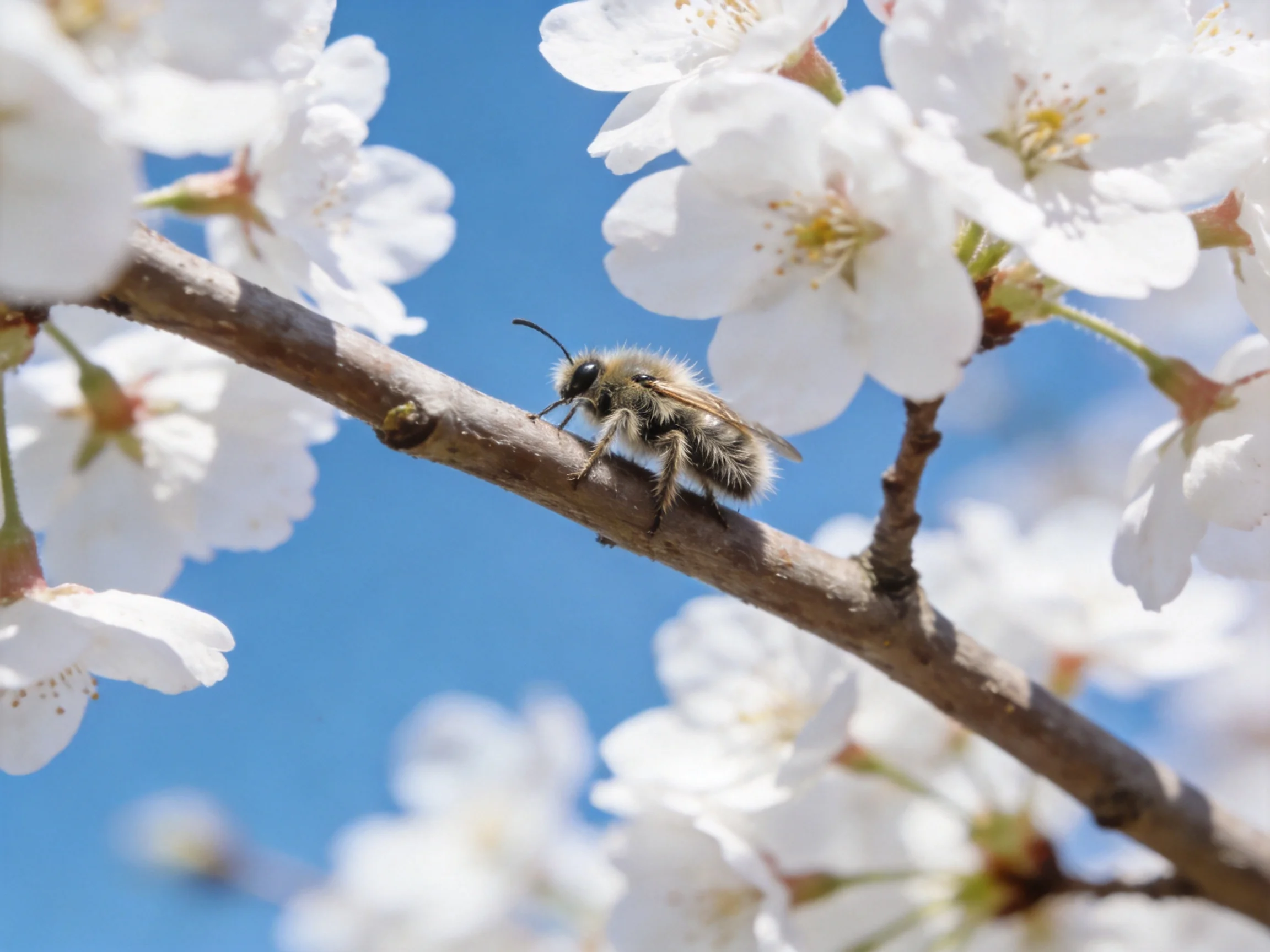 A bee perched among delicate white cherry blossom blooms