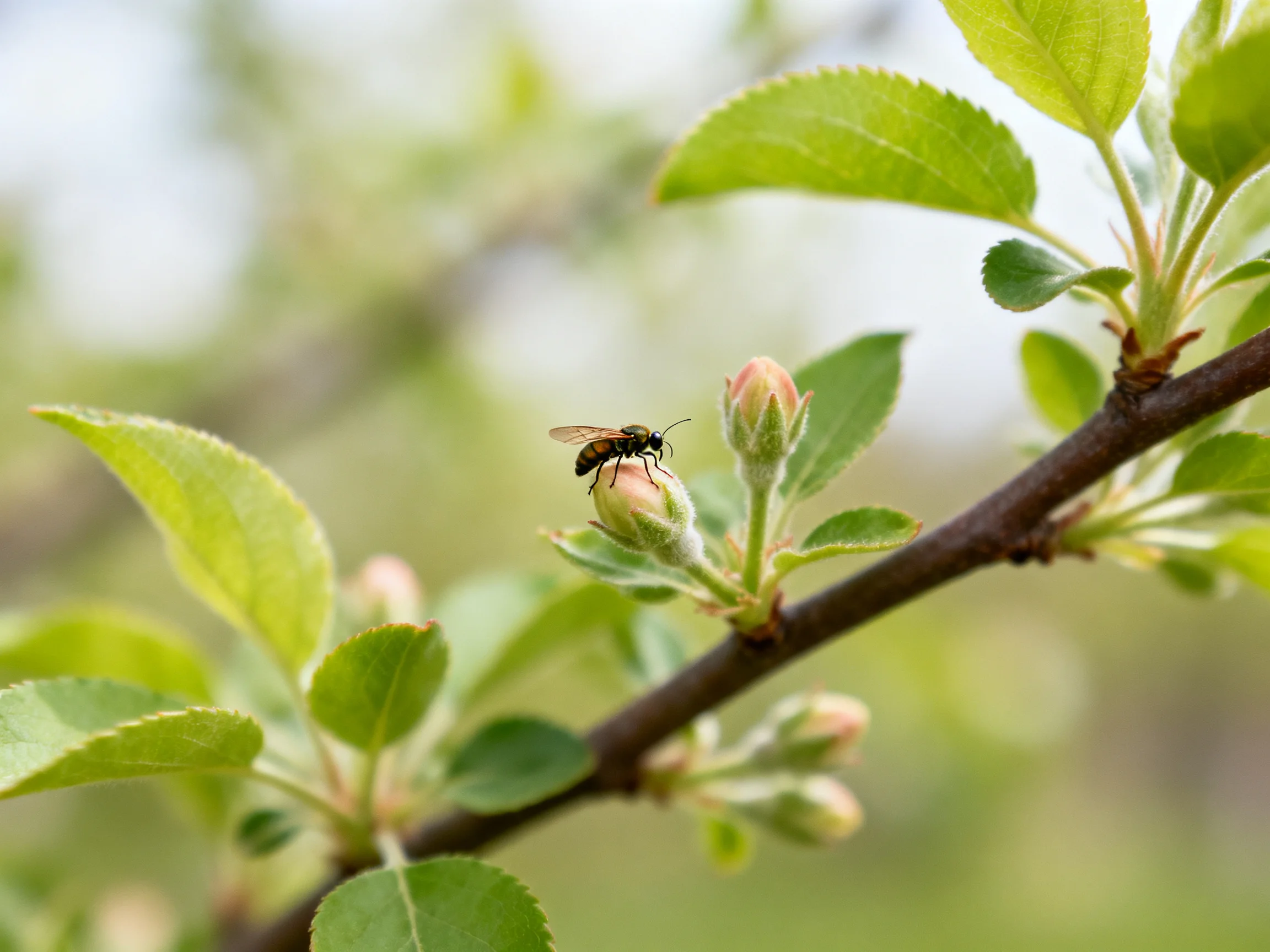 A bee perches on a budding apple tree branch with vibrant green leaves