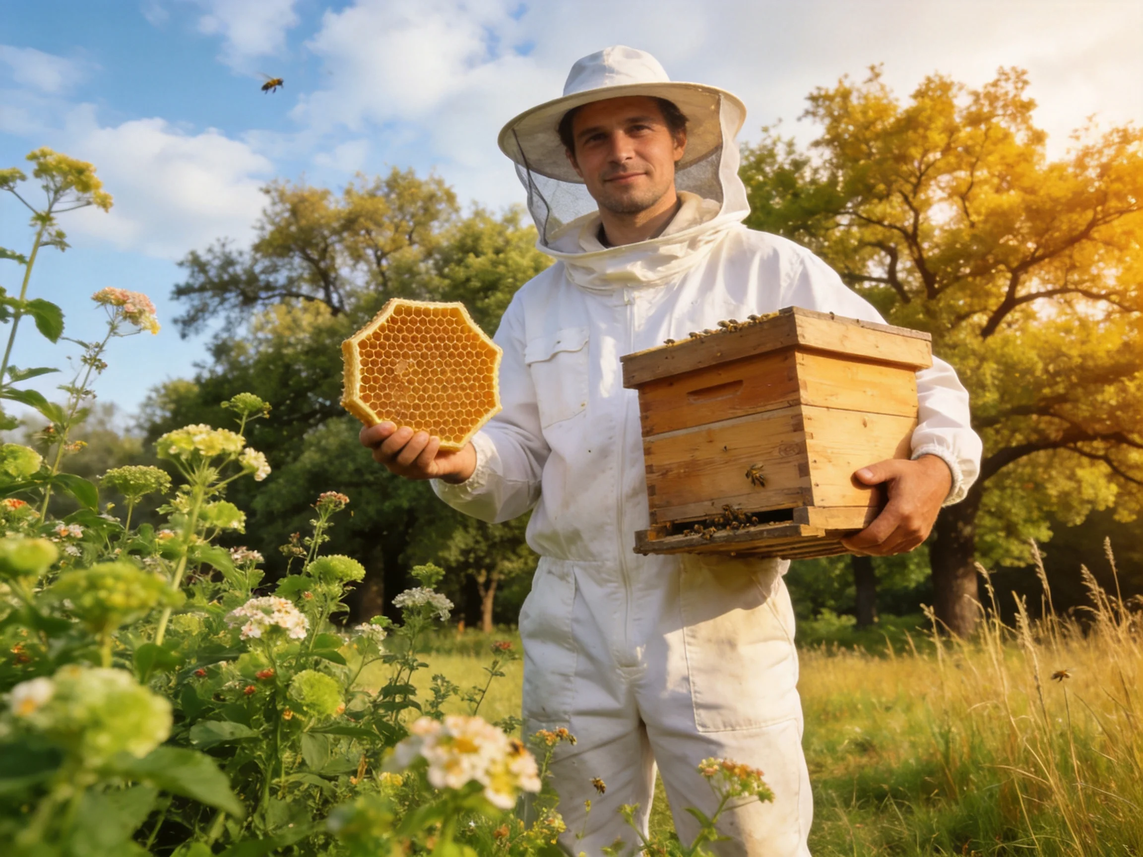 A beekeeper in white gear holds a honeycomb near a wooden hive in a sunlit meadow