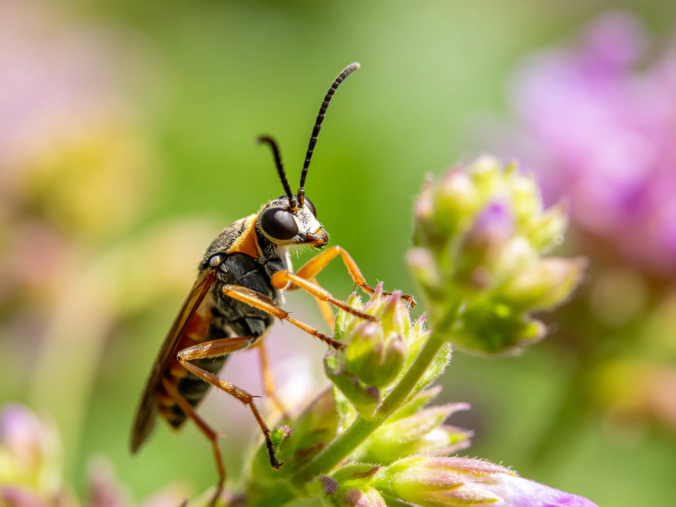 A black and orange insect perches on purple flower buds