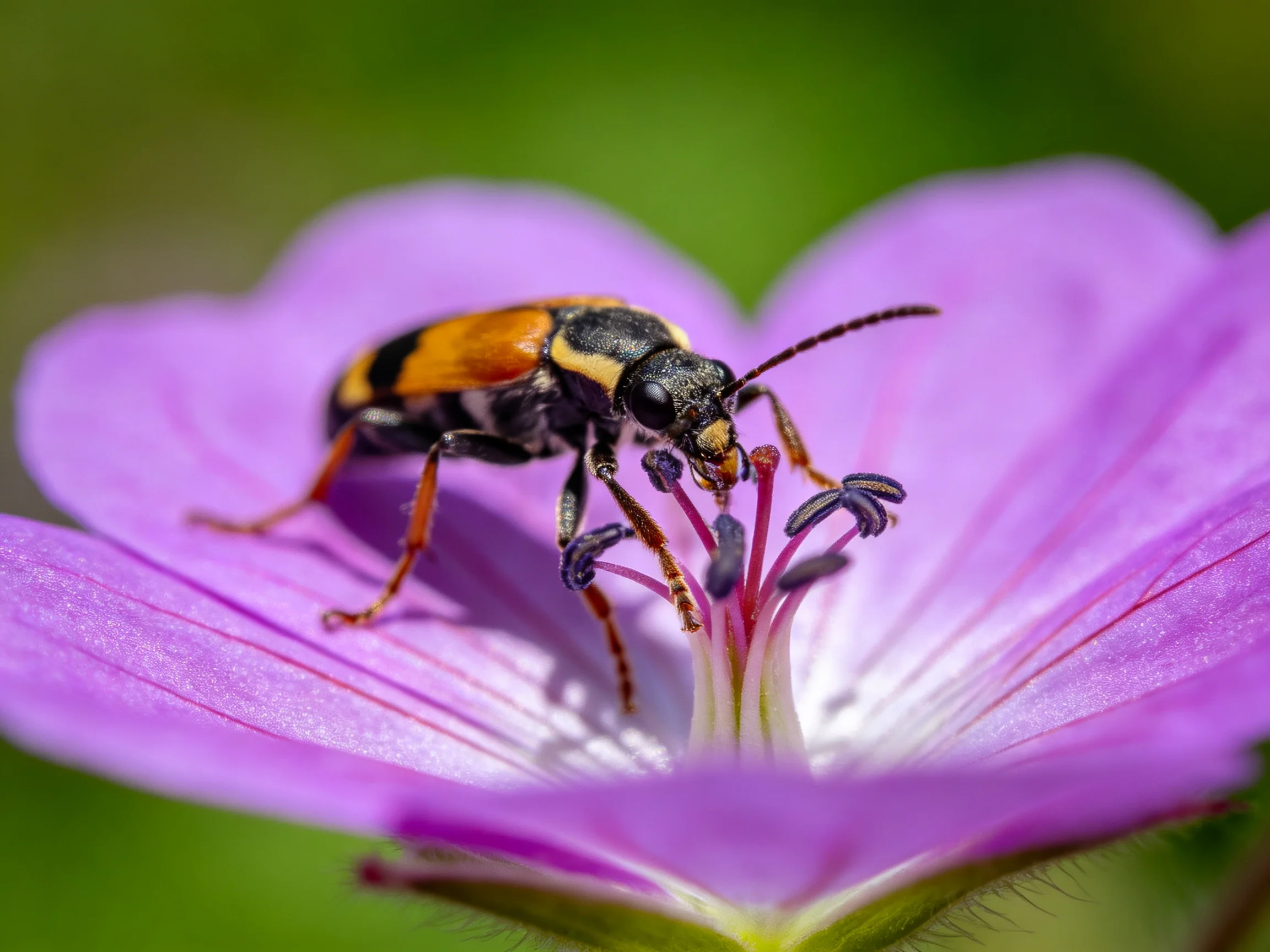 A black and orange striped beetle on a vibrant purple flower
