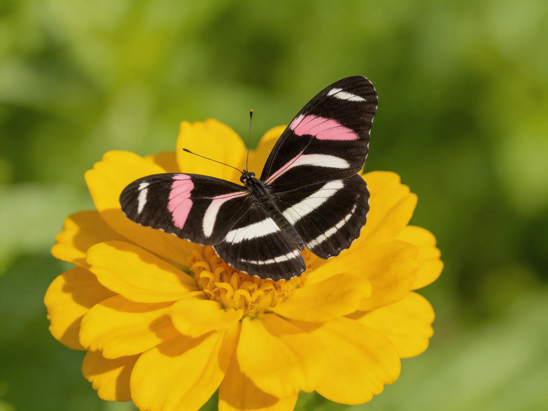A black-and-pink butterfly rests on a bright yellow flower