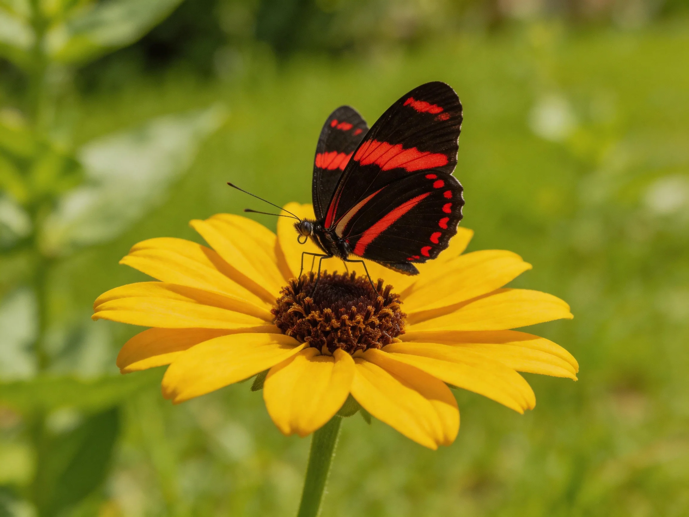 A black and red butterfly perches on a vibrant yellow flower