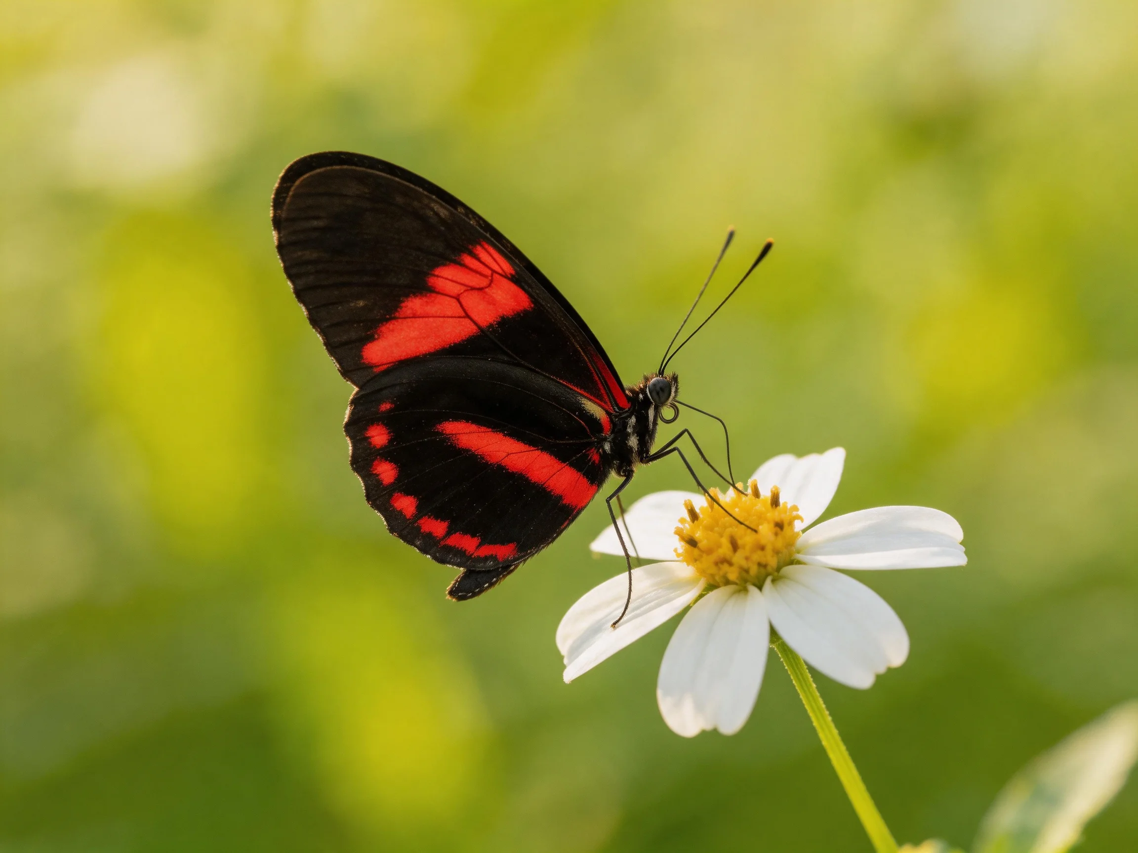 A black and red butterfly perches on a white flower with yellow center