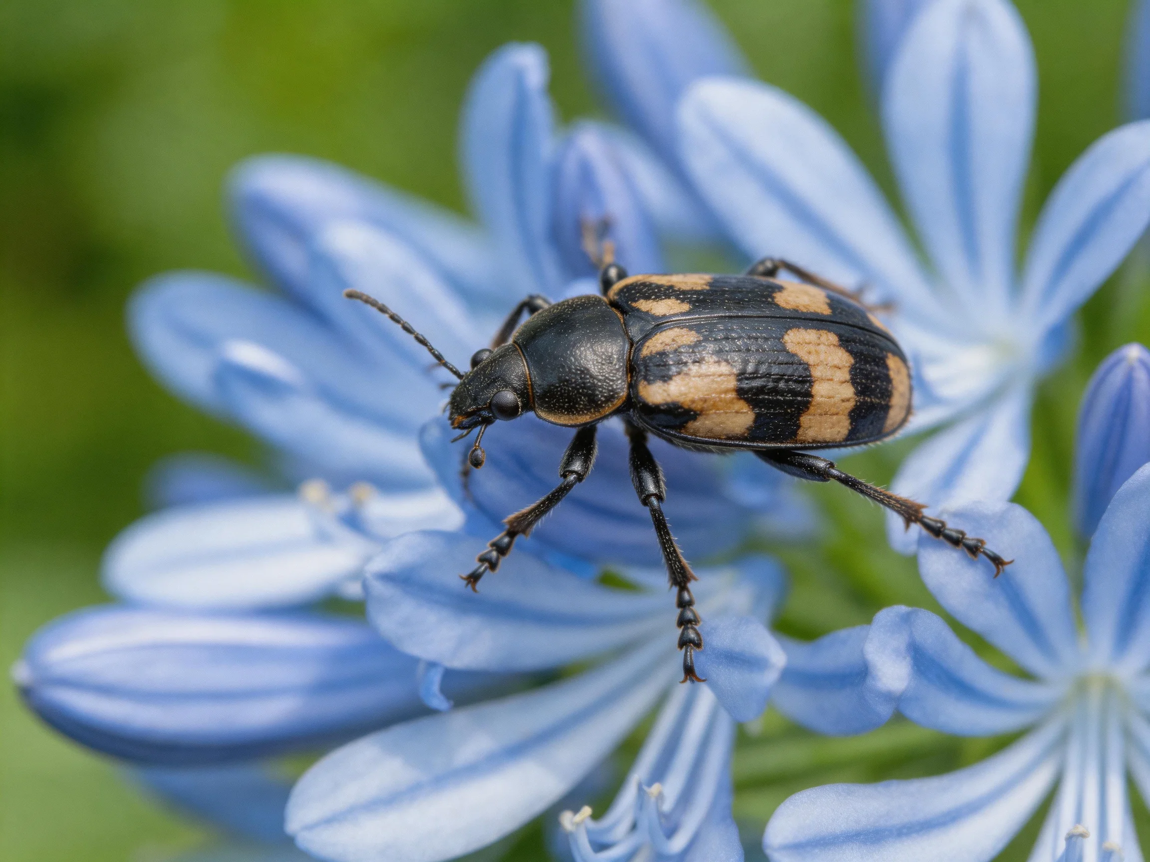 A black and tan beetle rests on vibrant blue flower blooms