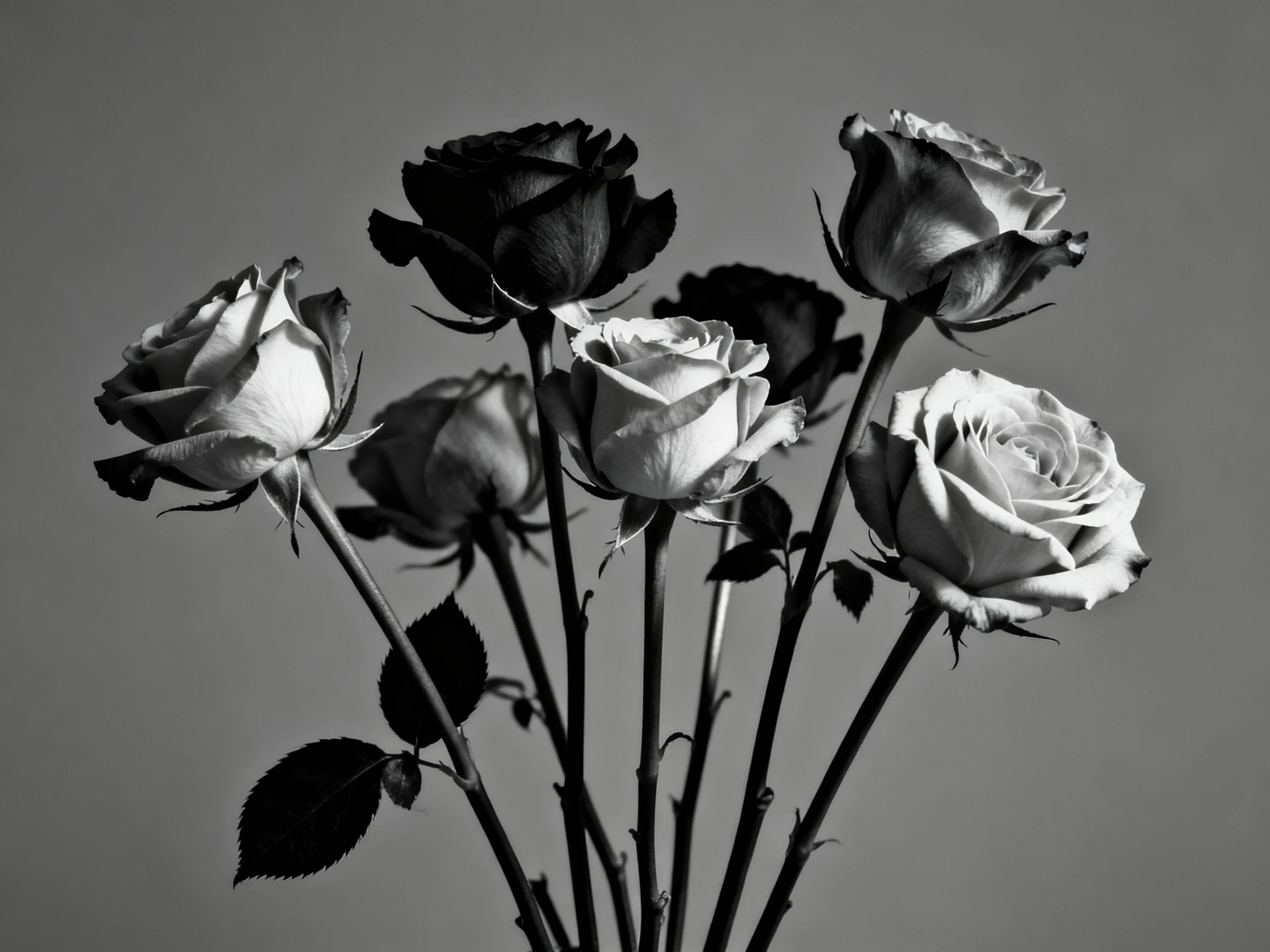 A black and white bouquet of seven roses with mixed bloom stages