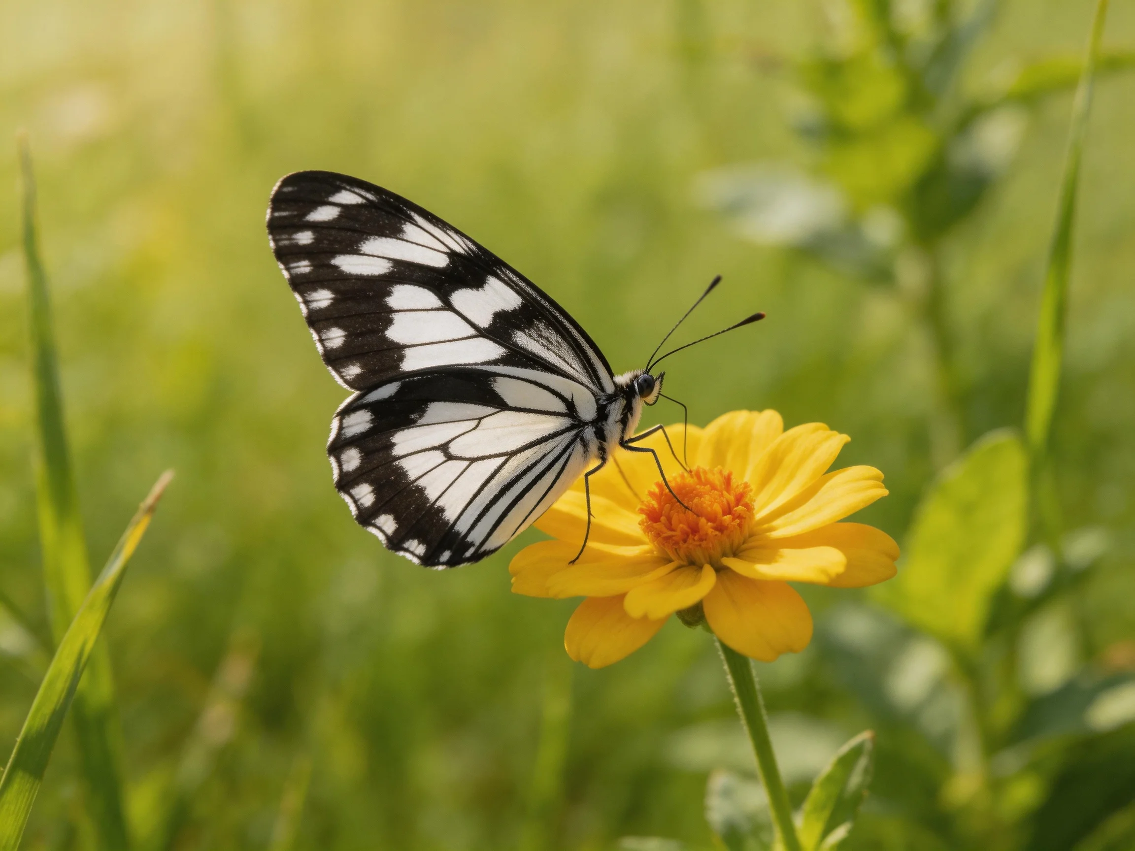 A black-and-white butterfly perches on a bright yellow flower amid greenery