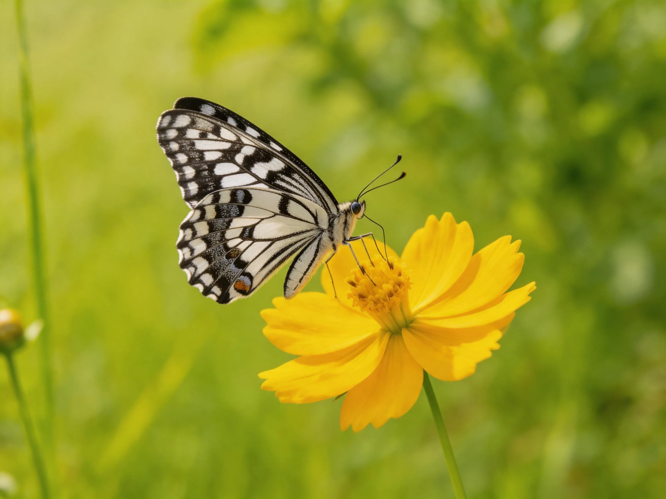A black-and-white butterfly perches on a bright yellow flower