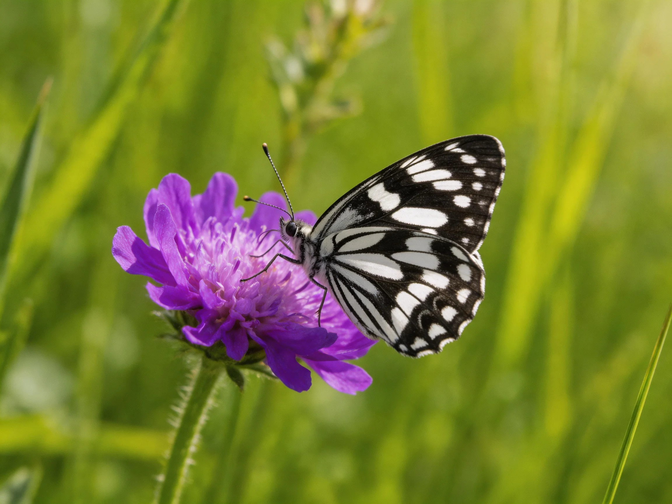 A black-and-white butterfly rests on a vivid purple flower amidst tall green grass