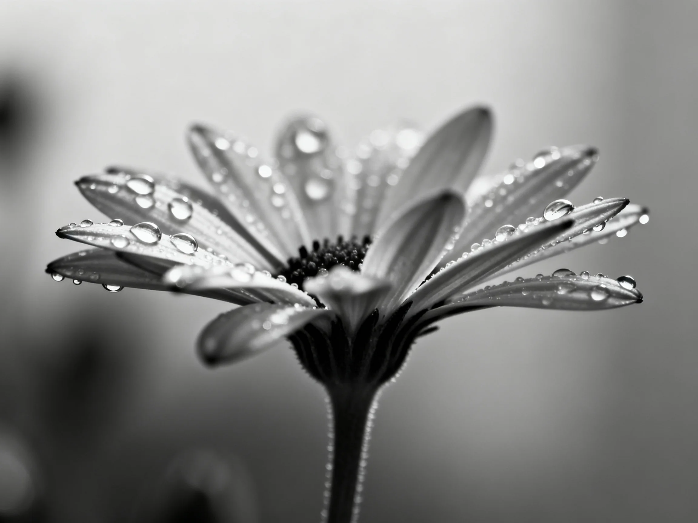 A black and white close-up of a daisy with water droplets on petals