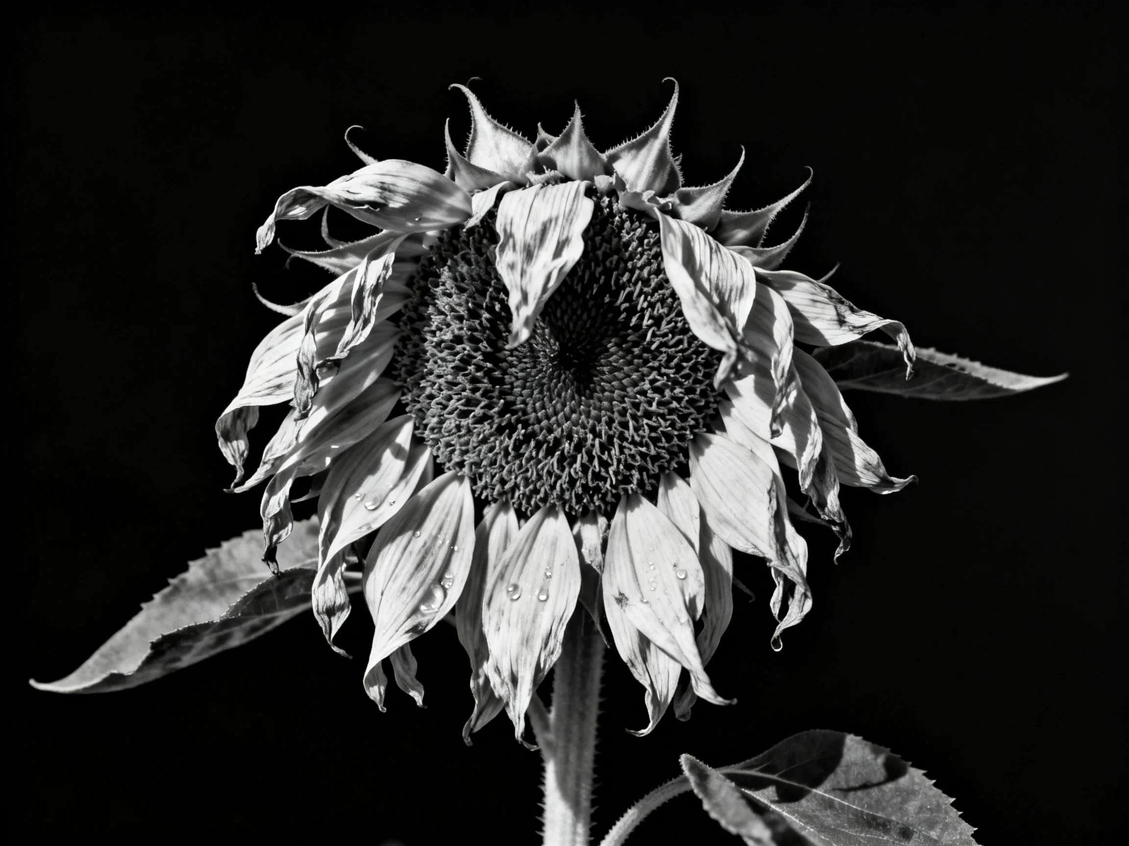 A black-and-white close-up of a drooping sunflower with textured petals