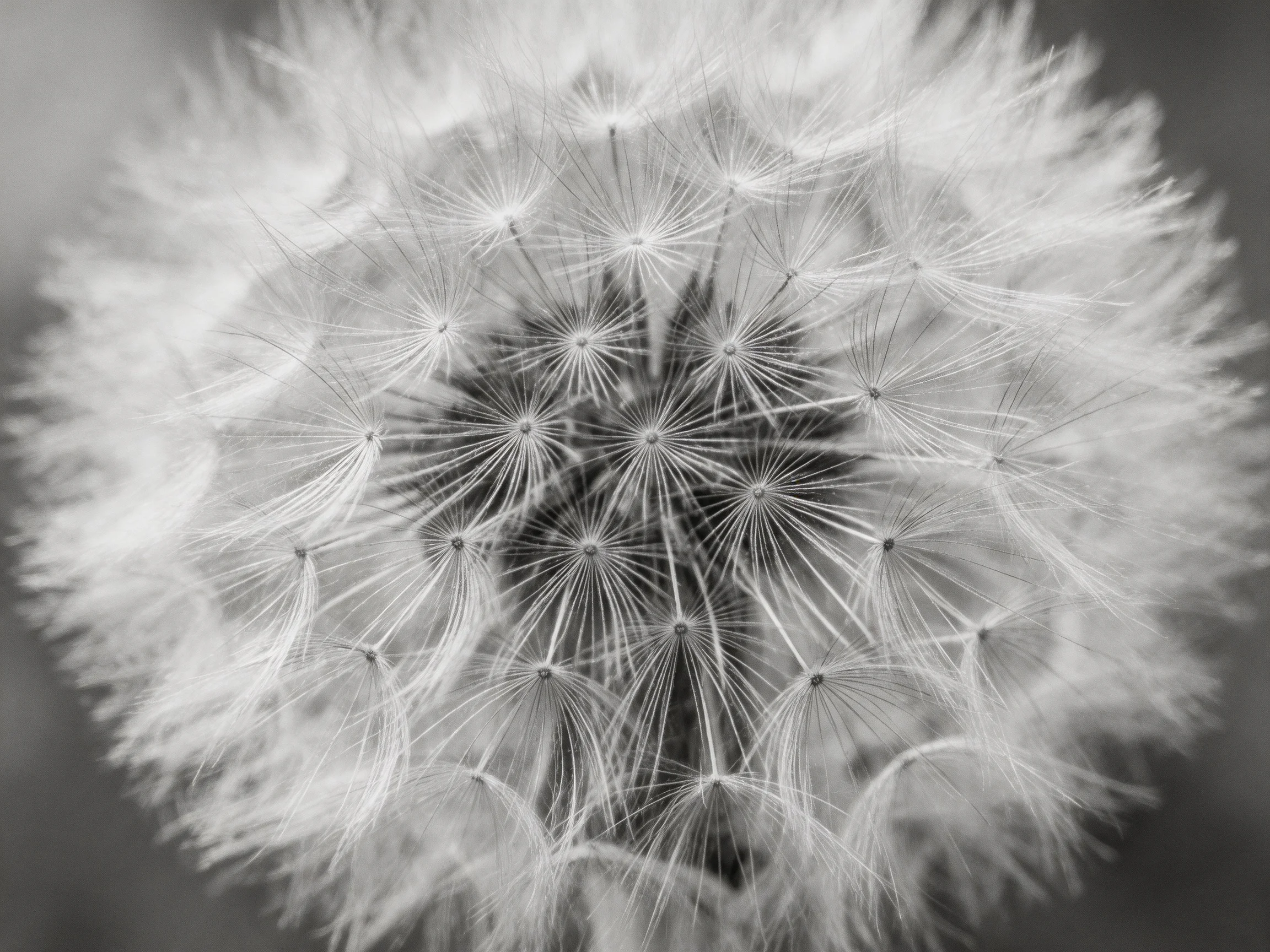 A black-and-white close-up of a fully formed dandelion seed head cluster