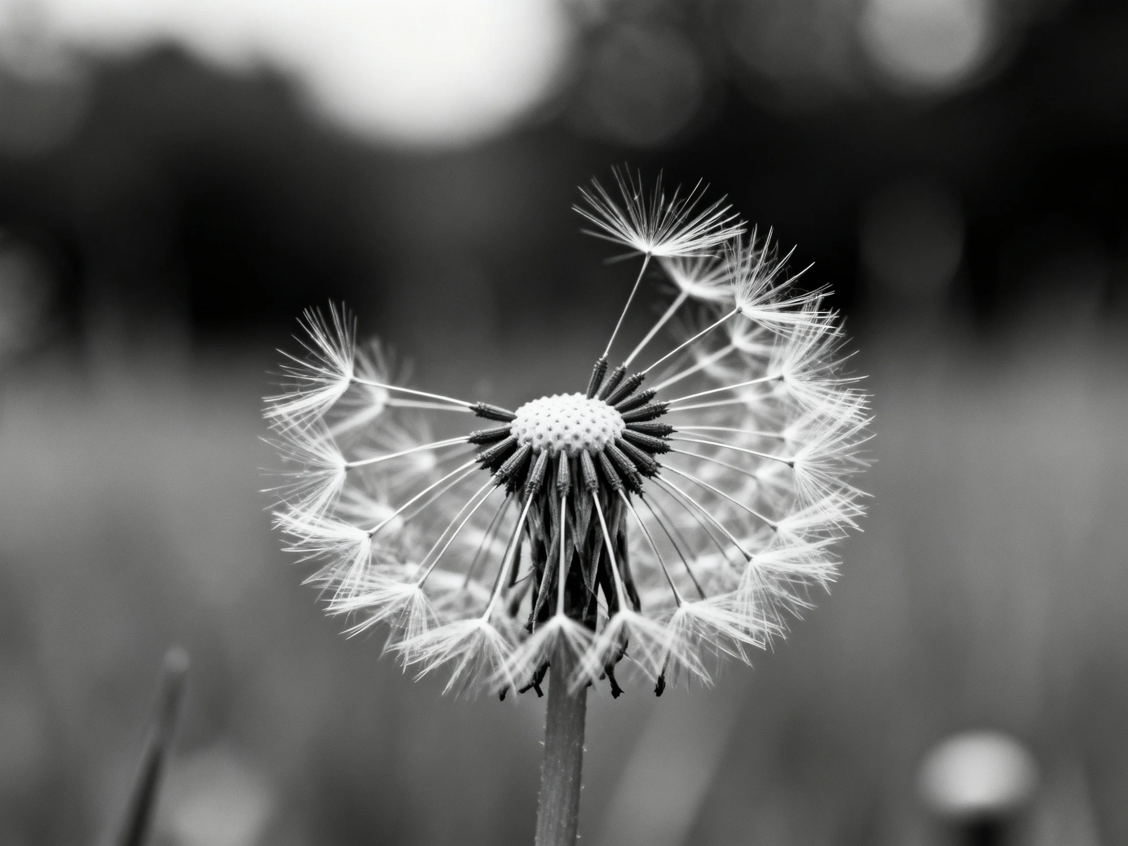 A black-and-white close-up of a partially dispersed dandelion seed head