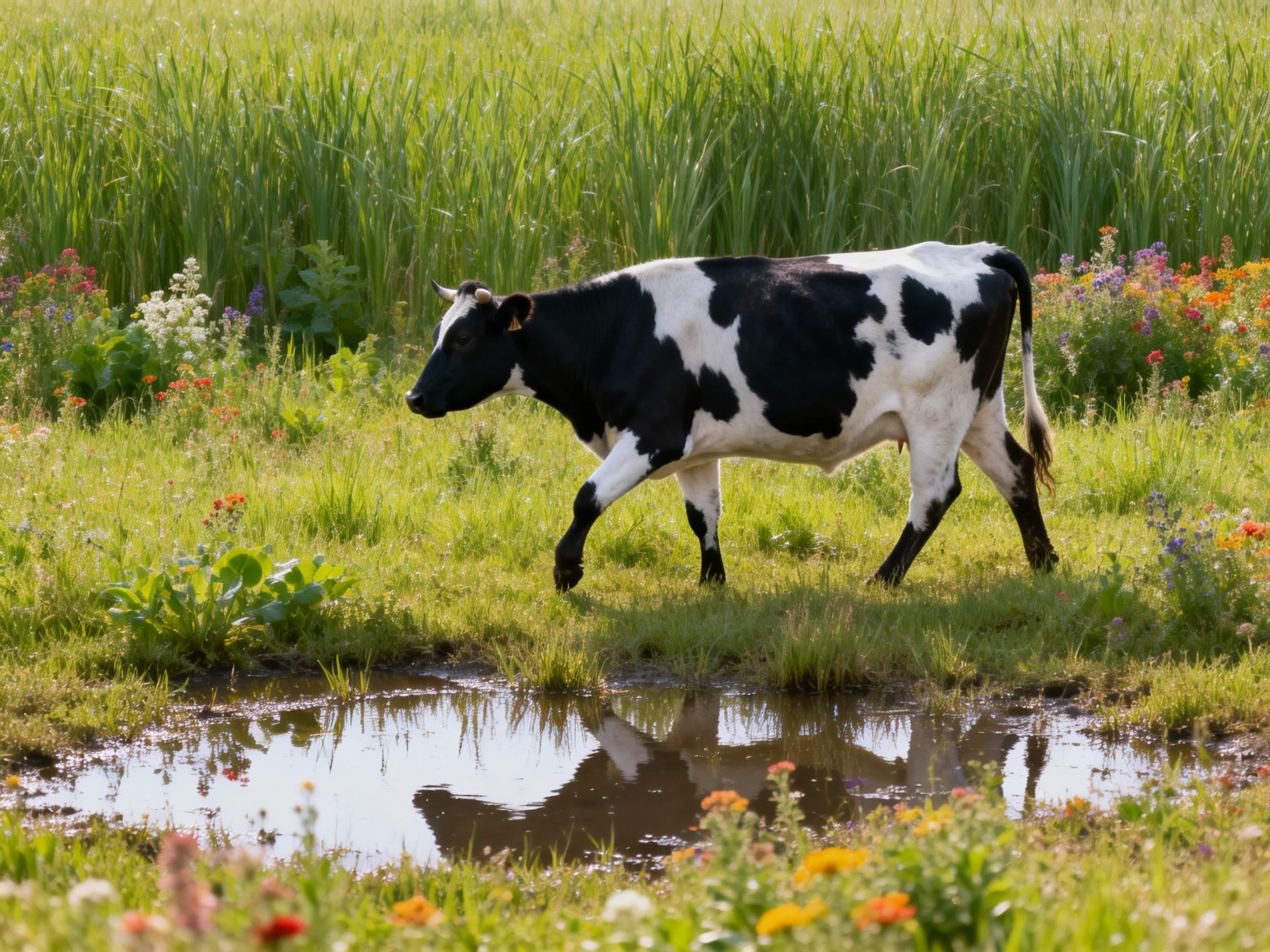 A black and white cow wanders a flower-dotted meadow by a small pond