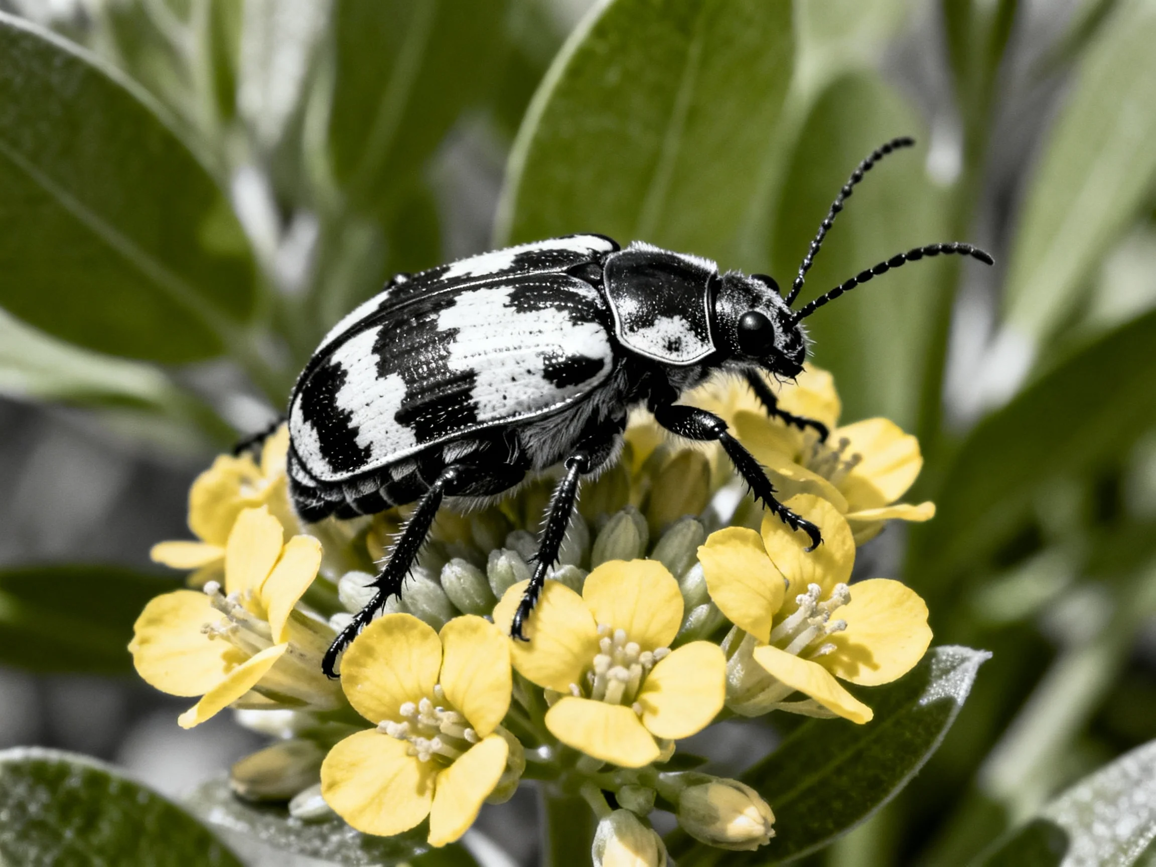 A black-and-white patterned beetle perches atop yellow flowers