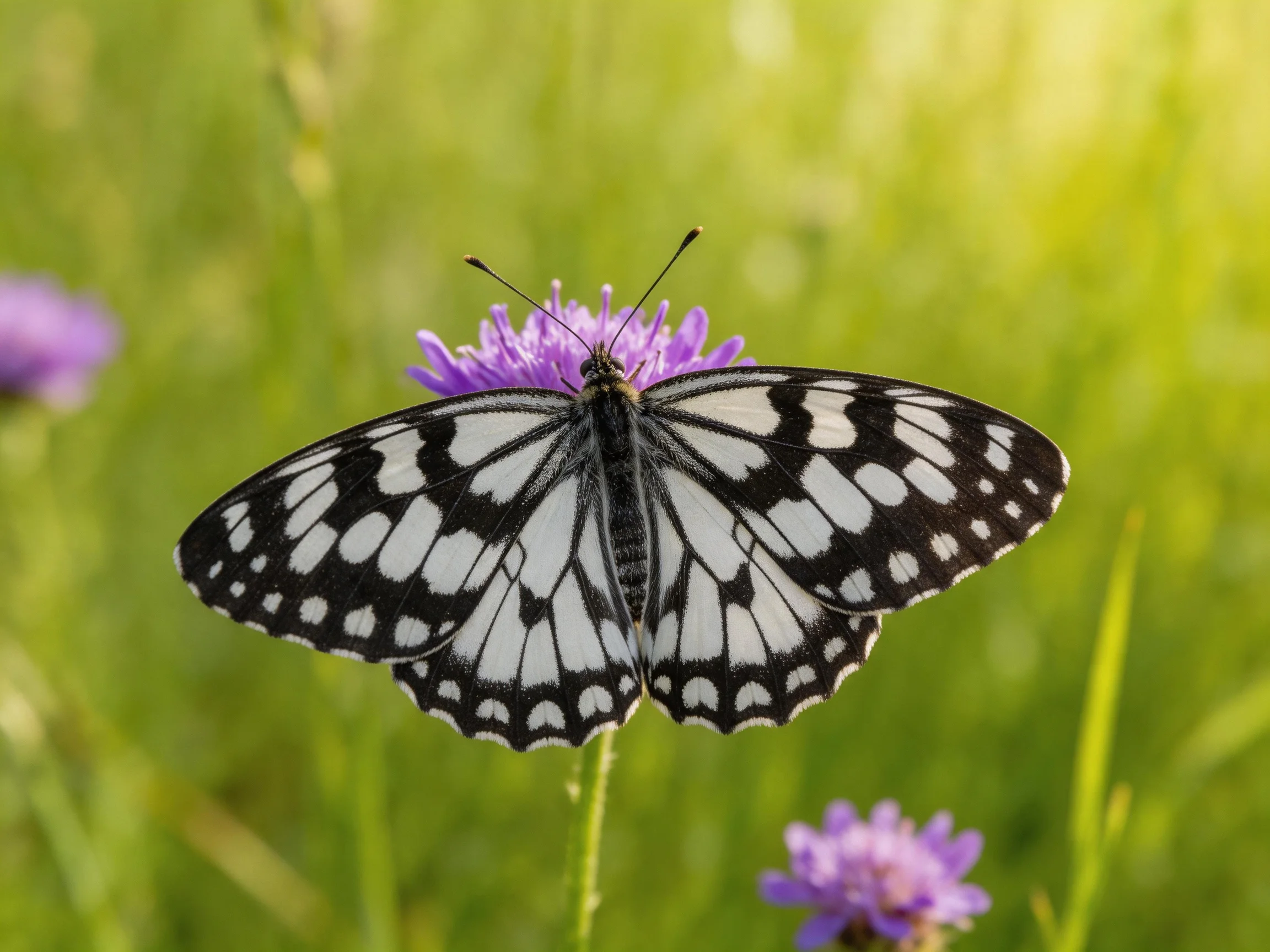 A black-and-white patterned butterfly resting on a vibrant purple flower