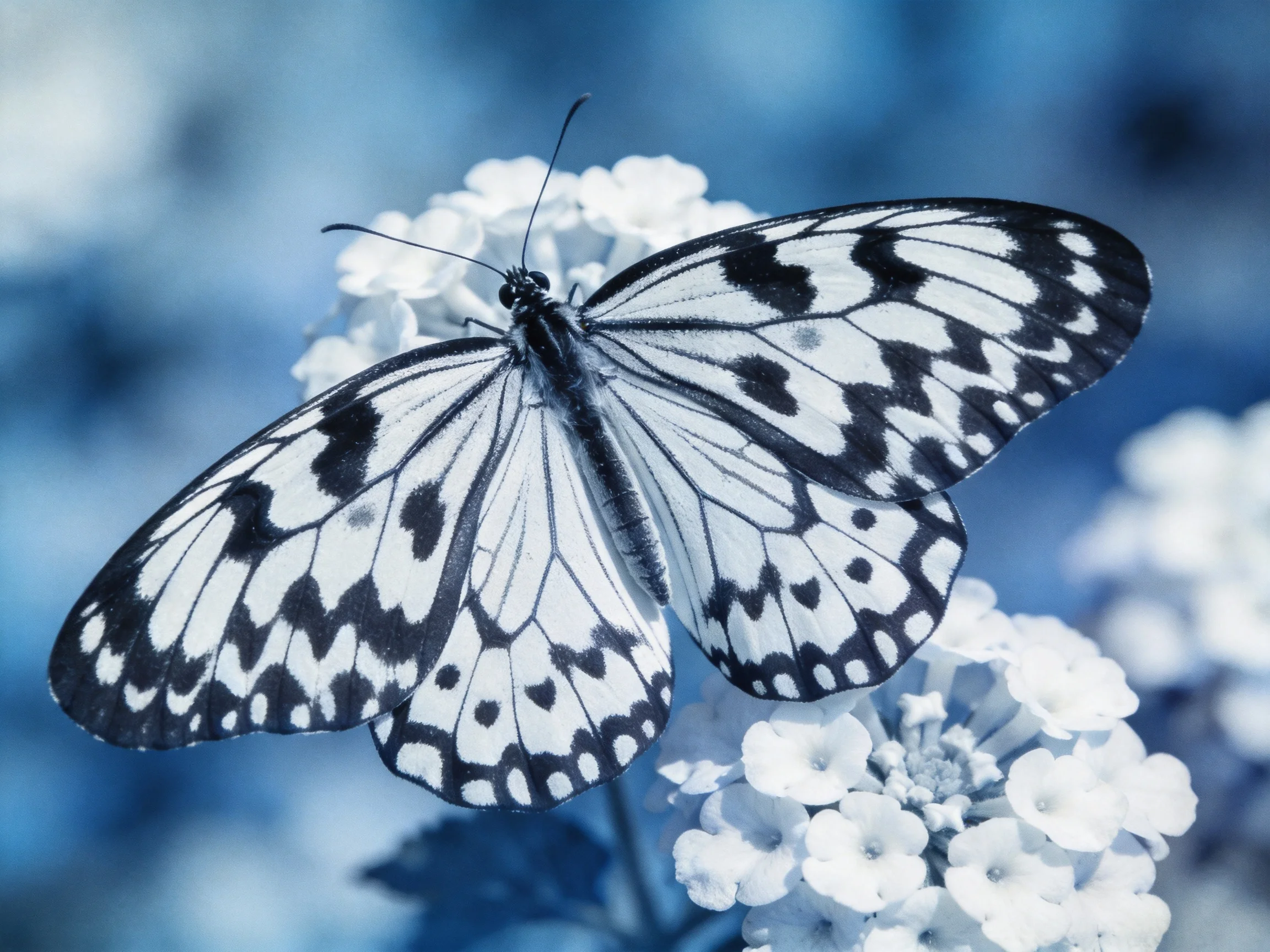 A black-and-white patterned butterfly rests on white blooms amid blue tones