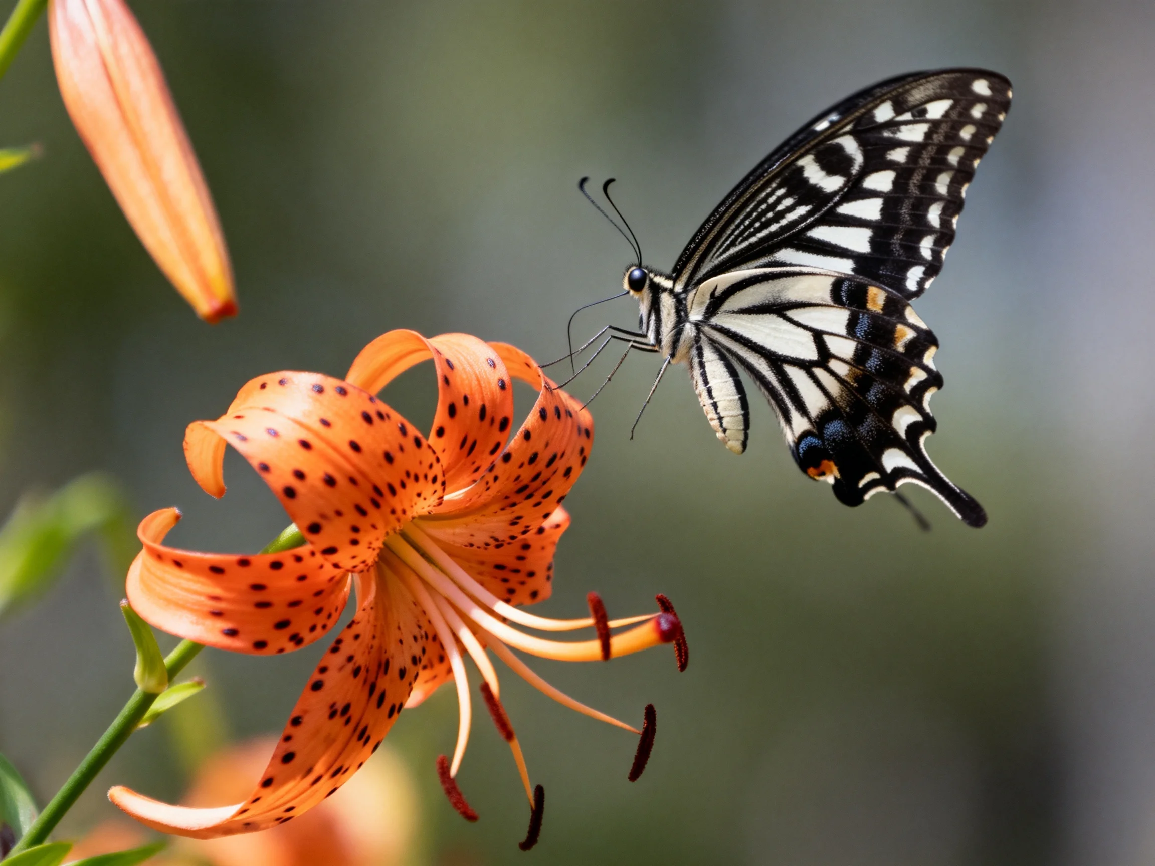 A black-and-white swallowtail butterfly near an orange tiger lily