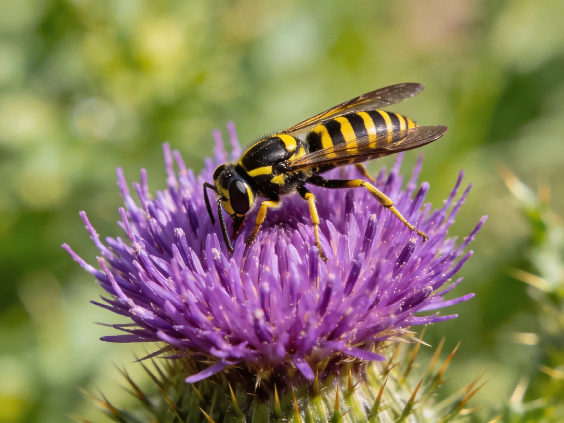 A black and yellow striped insect on a vibrant purple thistle flower