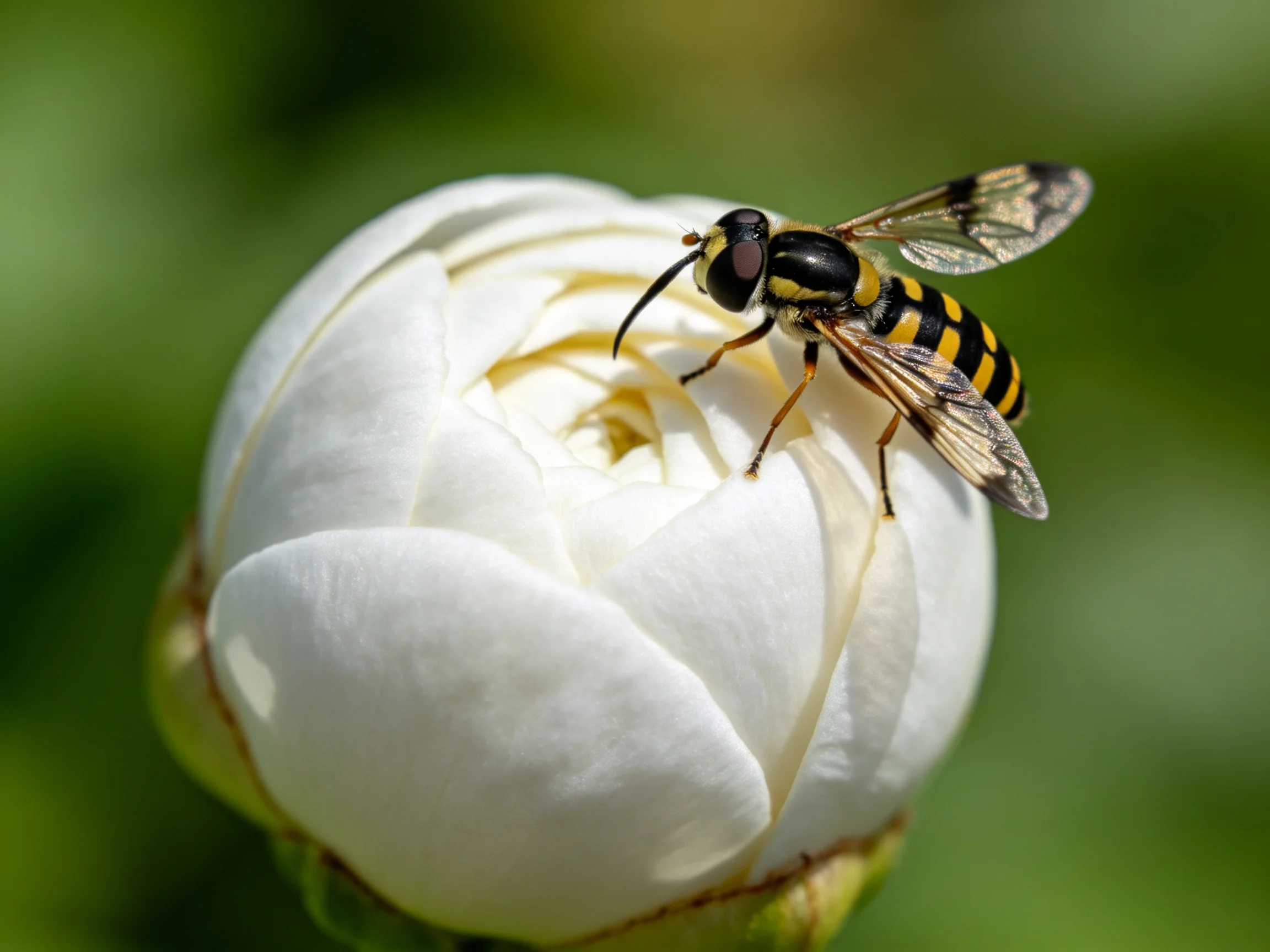 A black and yellow striped insect rests atop a closed white flower bud