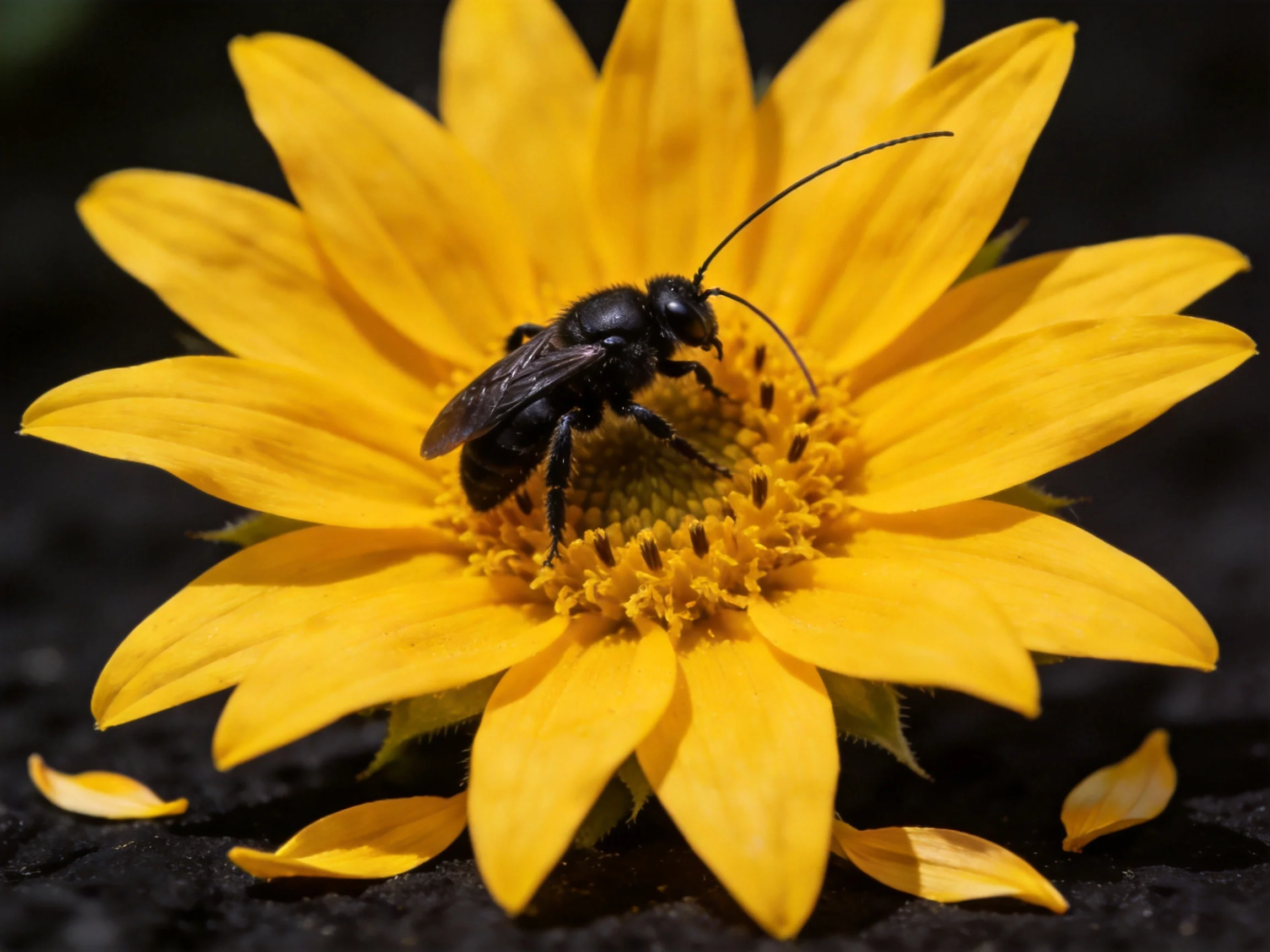 A black bee collecting nectar from a vibrant yellow flower