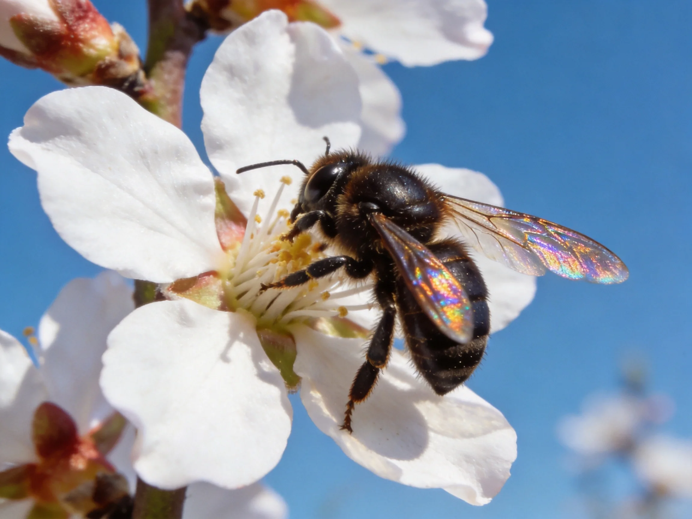 A black bee collects nectar from delicate white almond blossoms