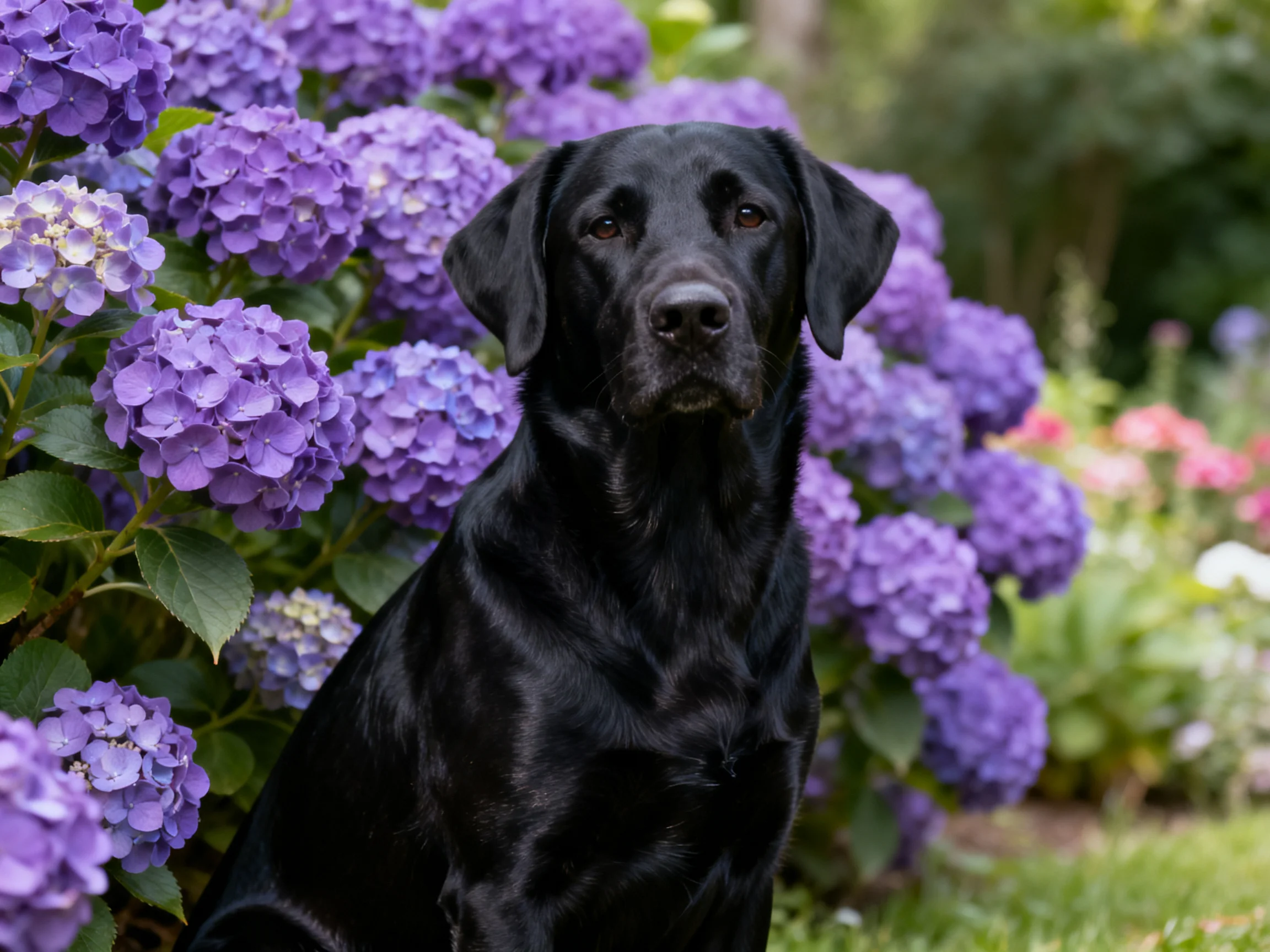 A black dog sits amid vibrant purple hydrangea clusters