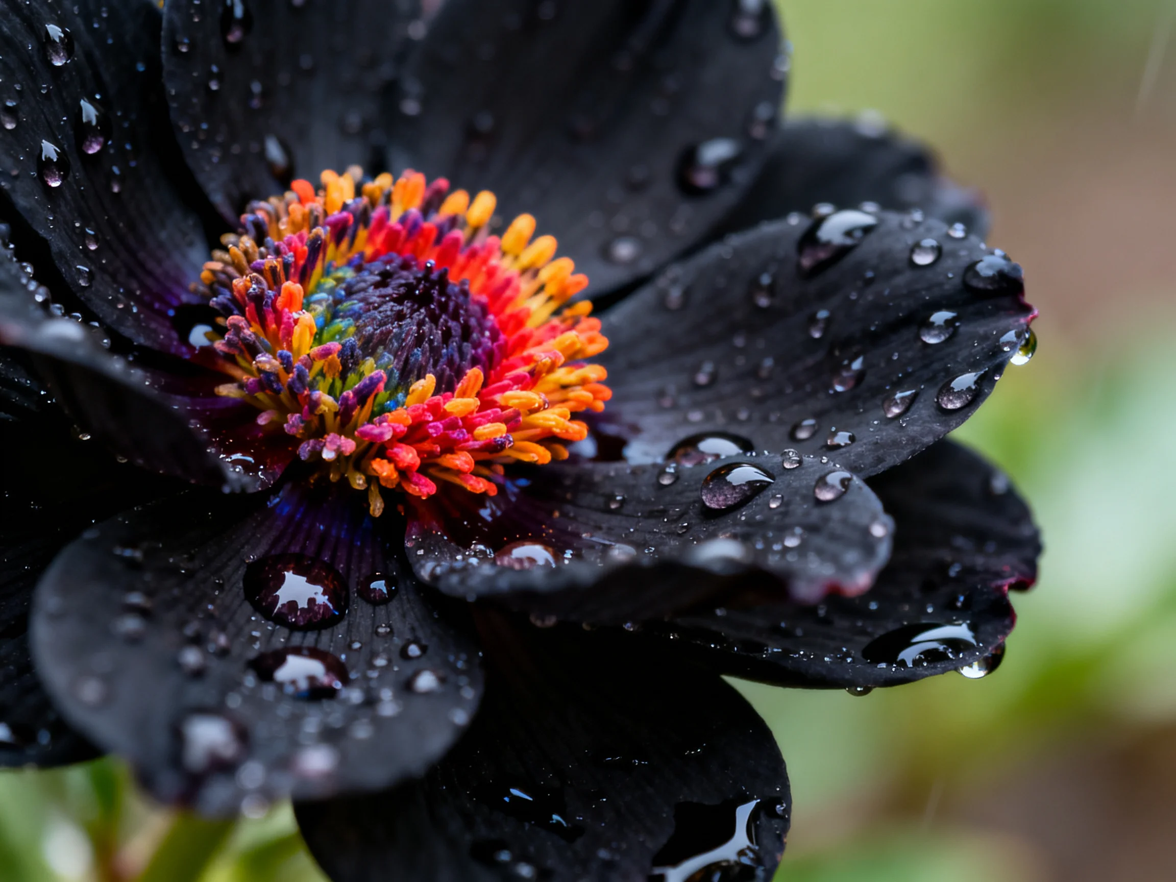 A black flower with vibrant multicolored center and water droplets