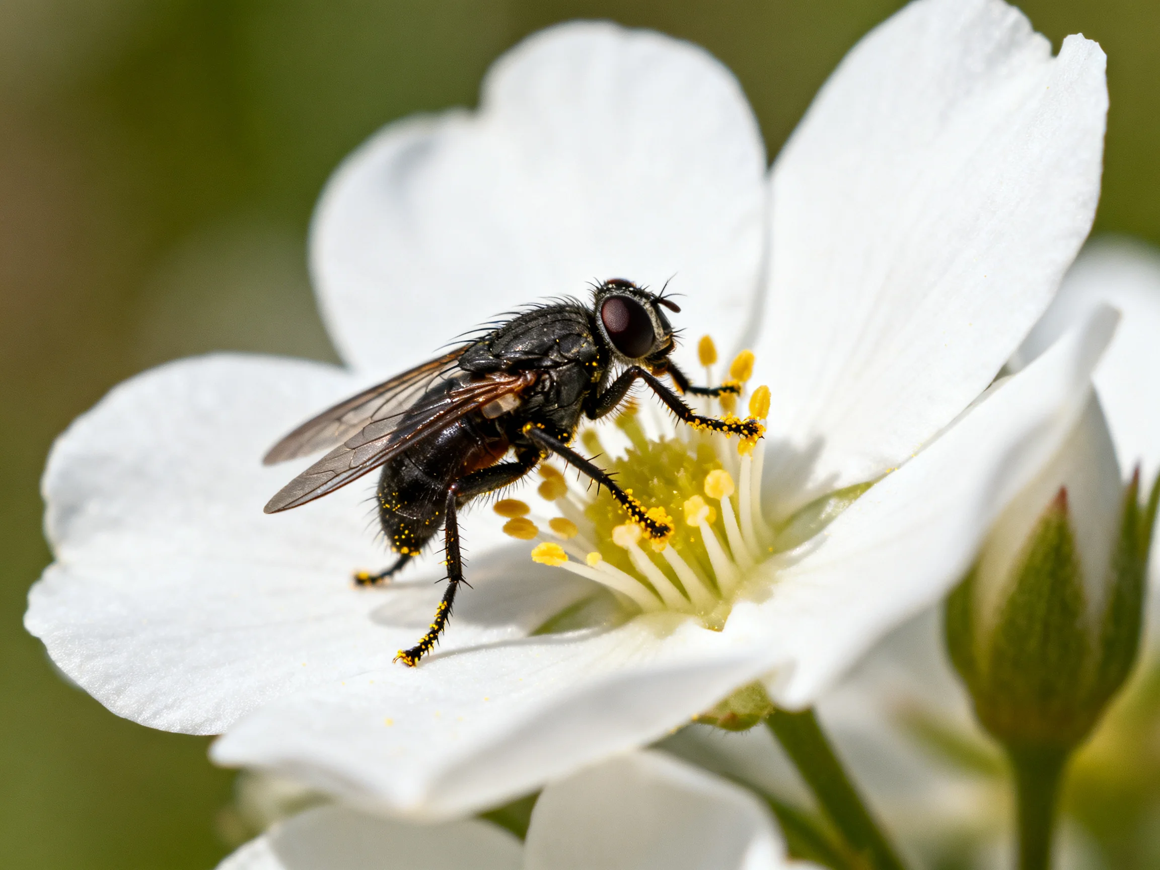 A black fly feeding from a white flower with yellow stamens