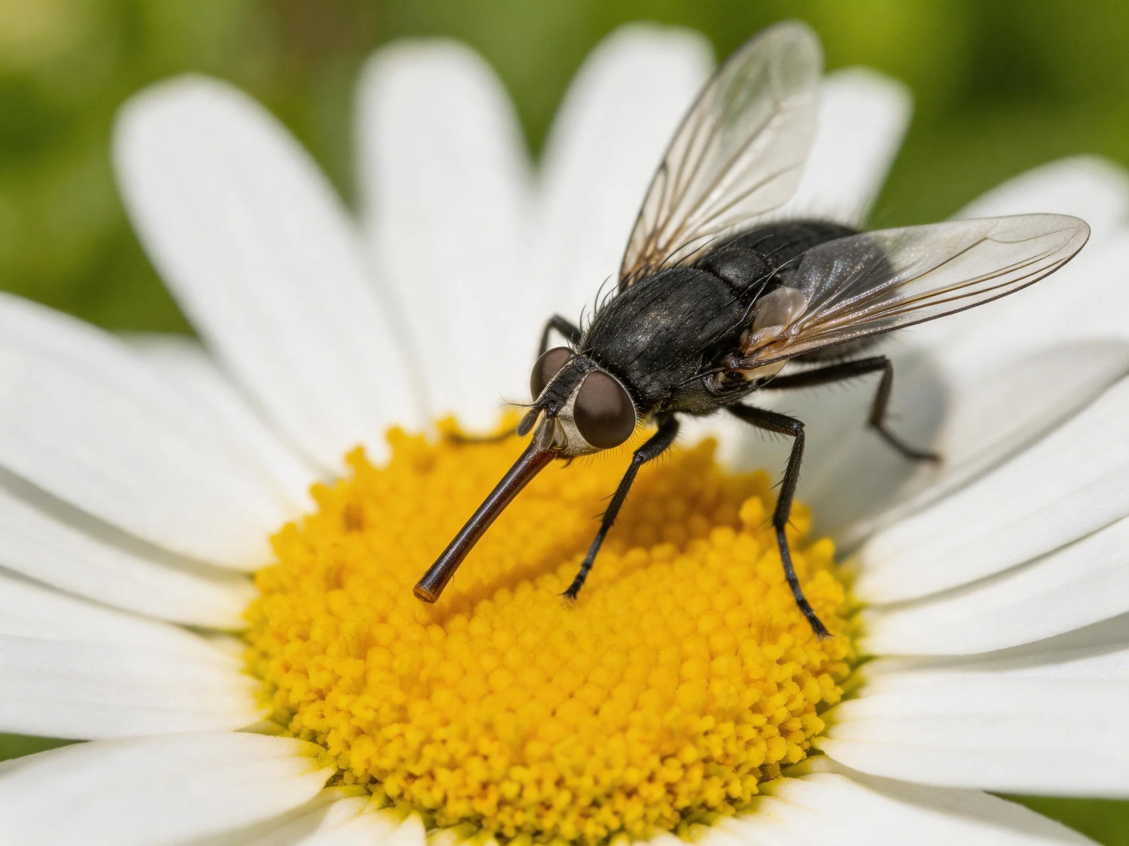 A black fly perched on a white daisy with yellow center