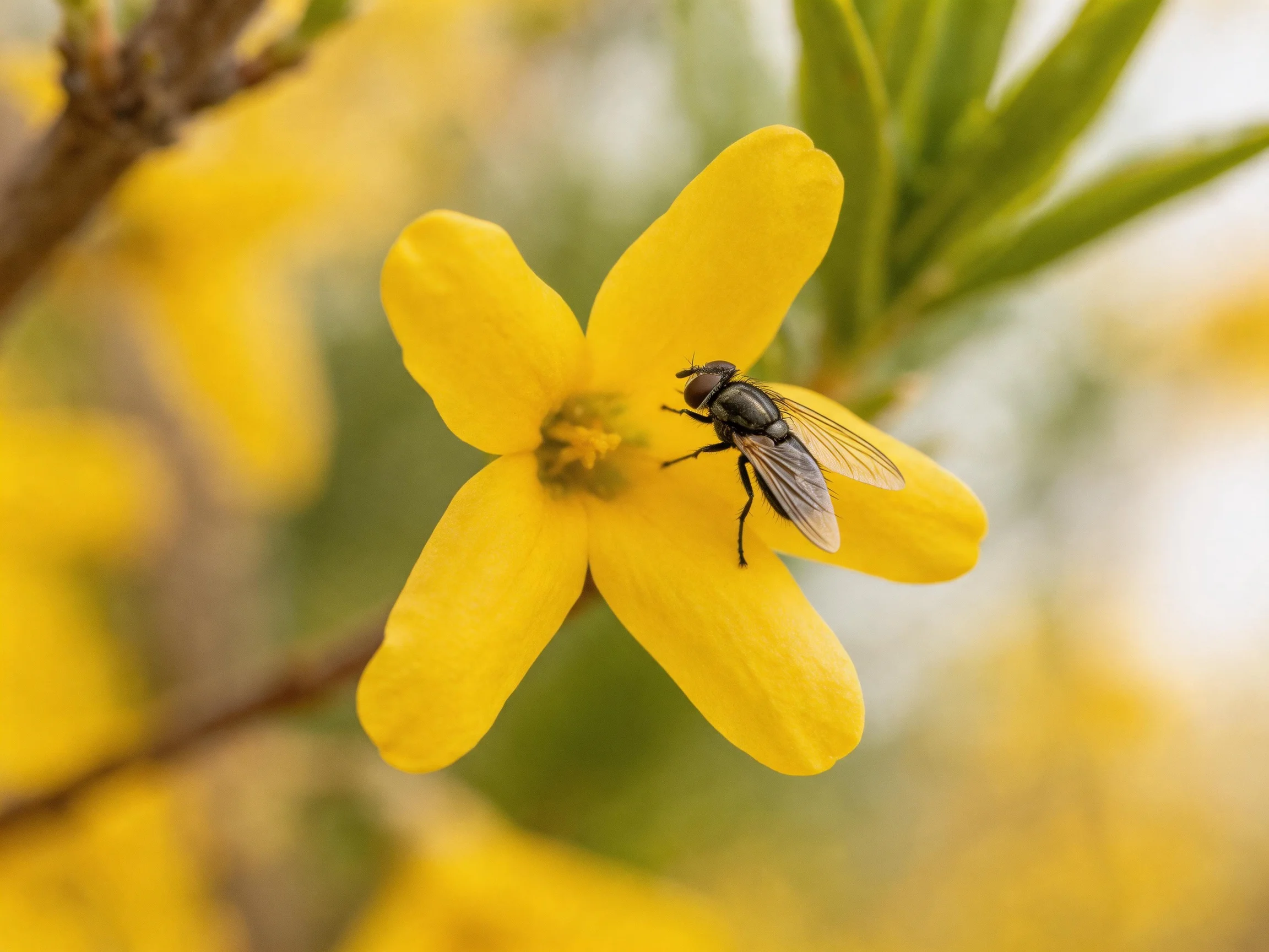 A black fly rests on a bright yellow flower with green foliage