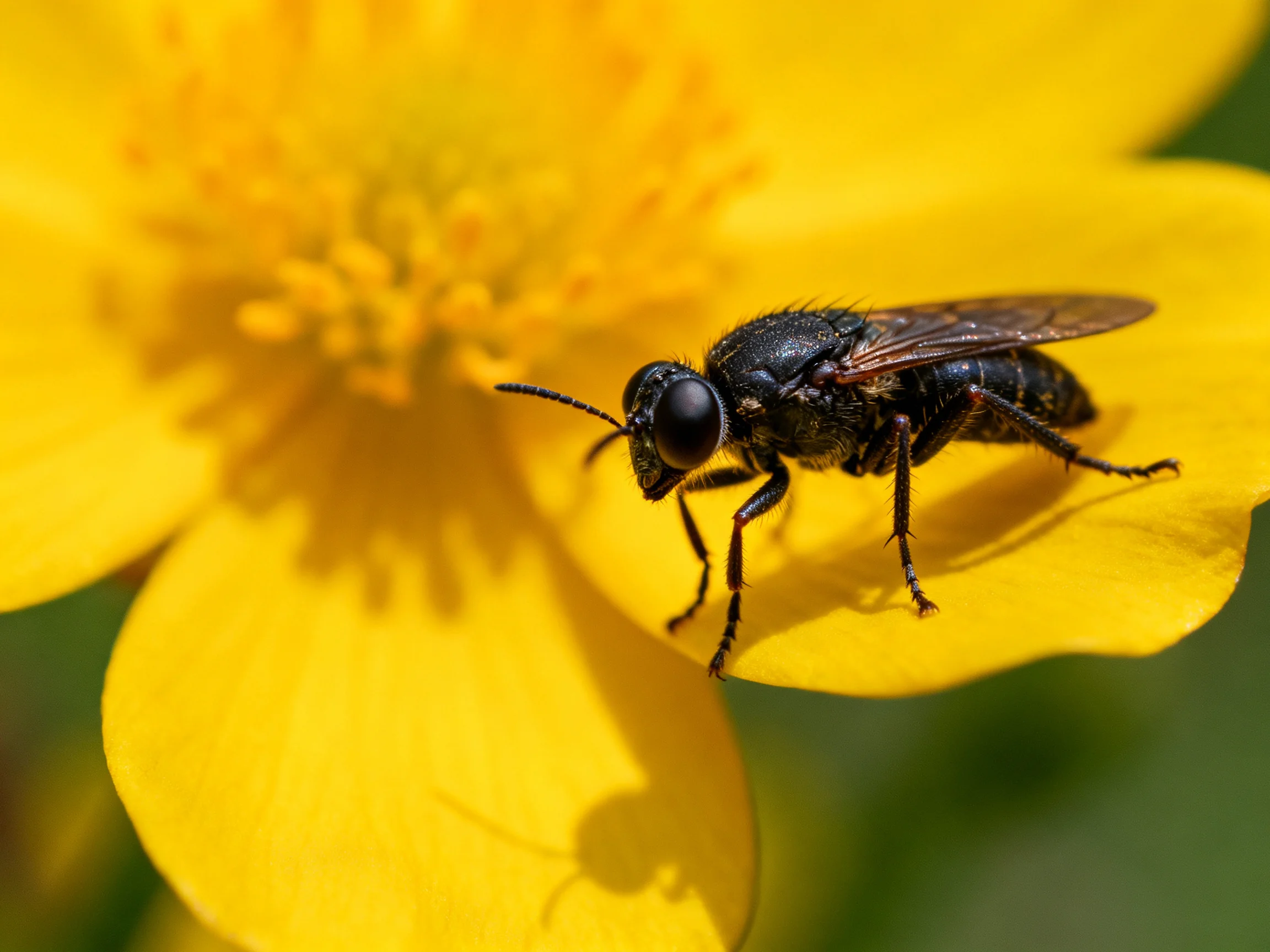 A black insect perched on a bright yellow flower