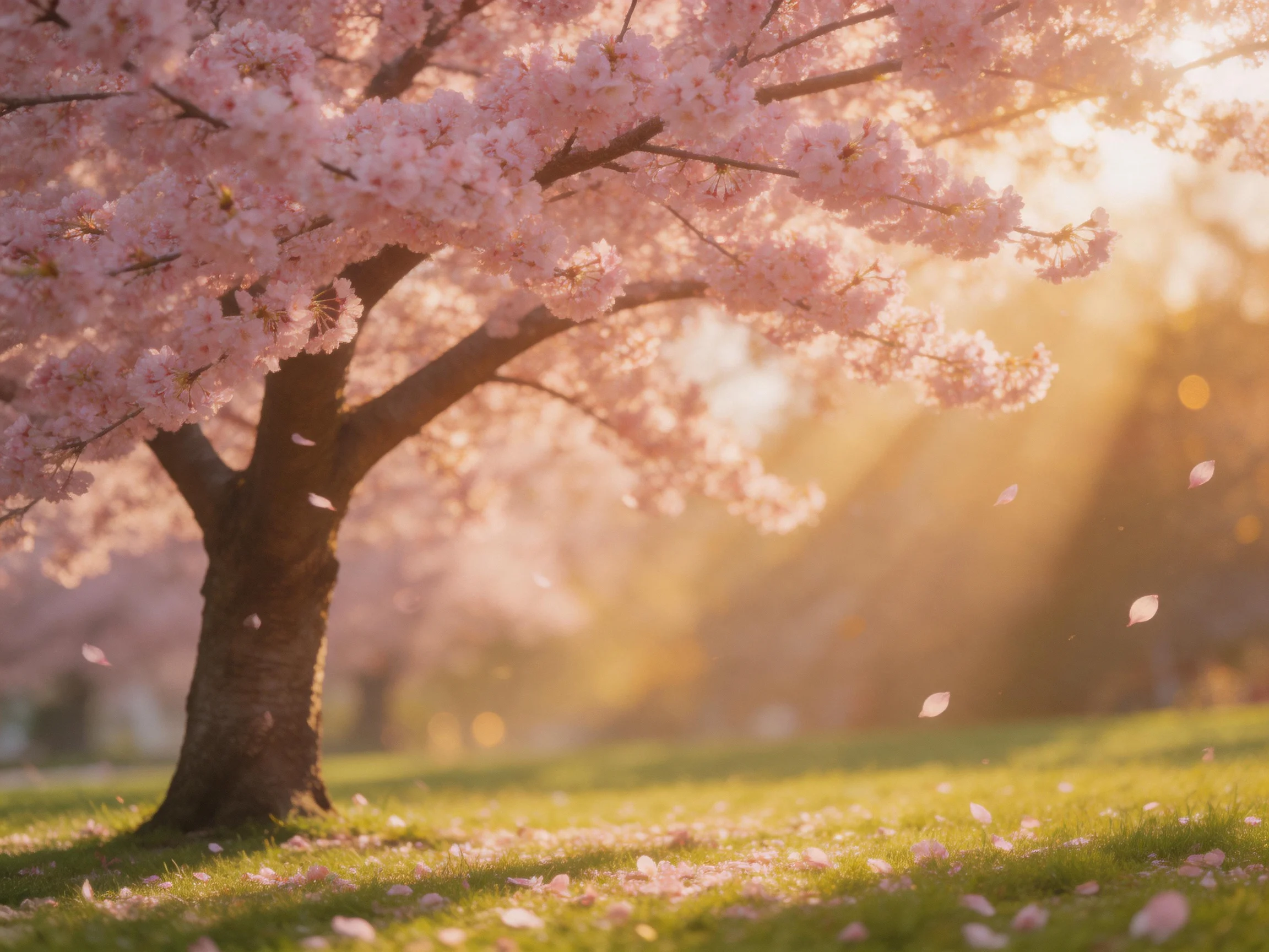A blooming cherry blossom tree bathed in golden sunlight with scattered petals