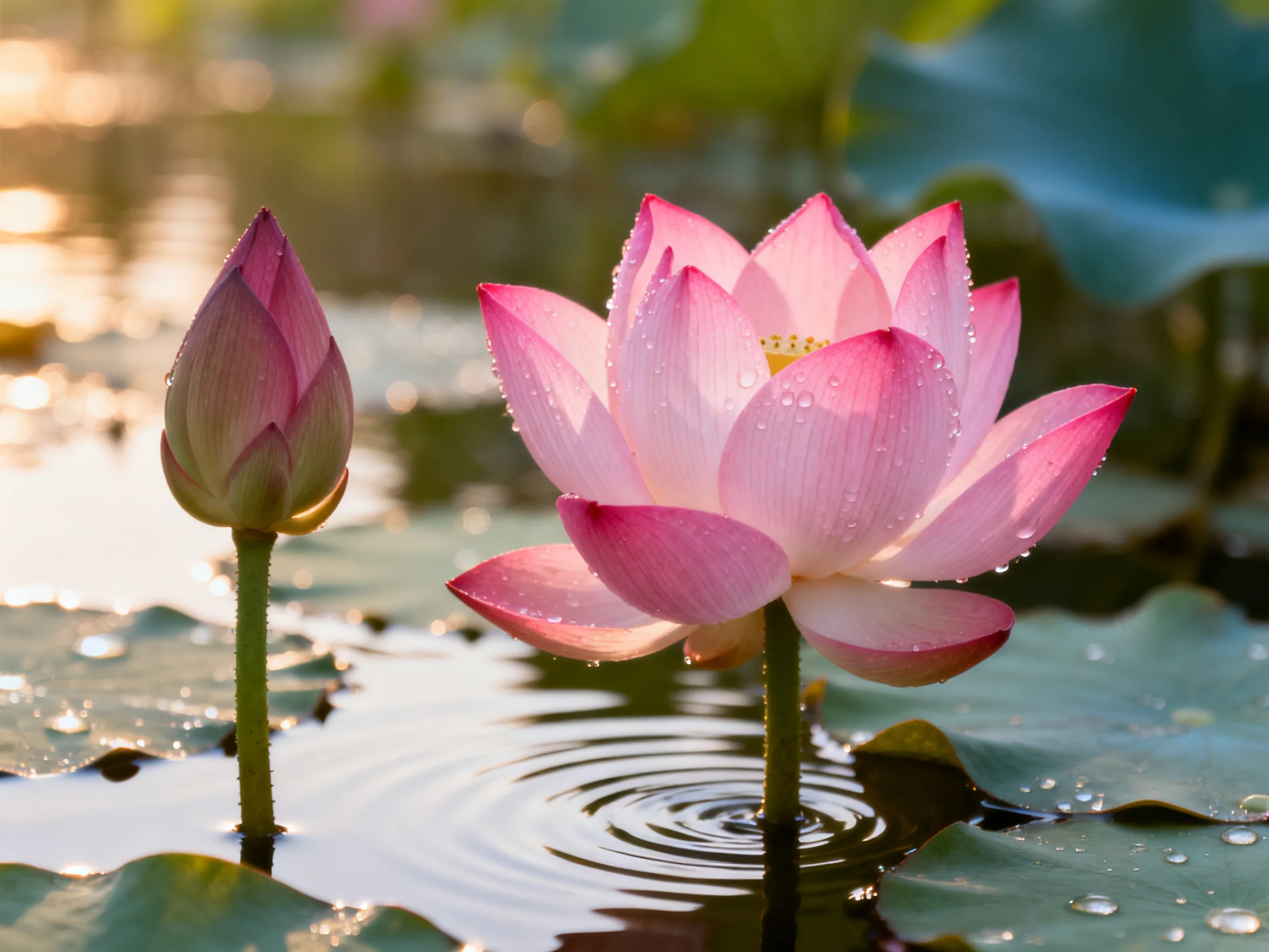A blooming pink lotus and a closed bud rest among lily pads in calm water