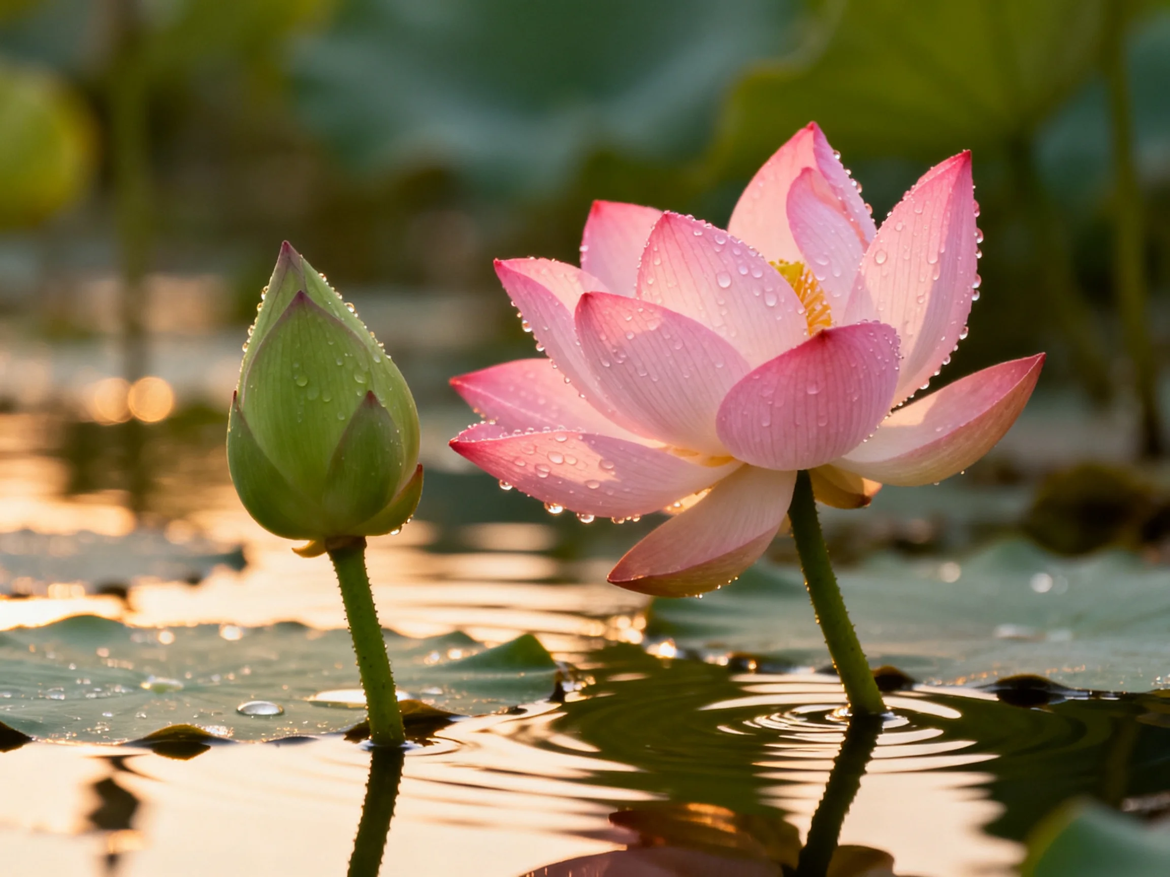 A blooming pink lotus and unopened green bud float among lily pads