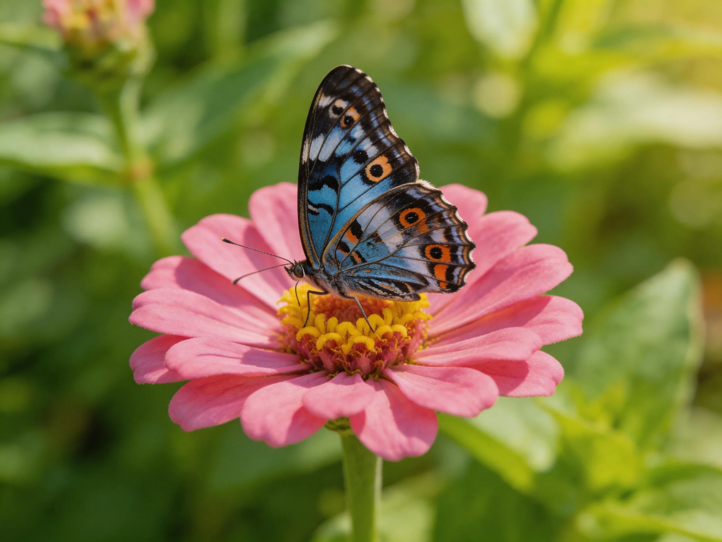 A blue and black butterfly perches on a vibrant pink zinnia flower