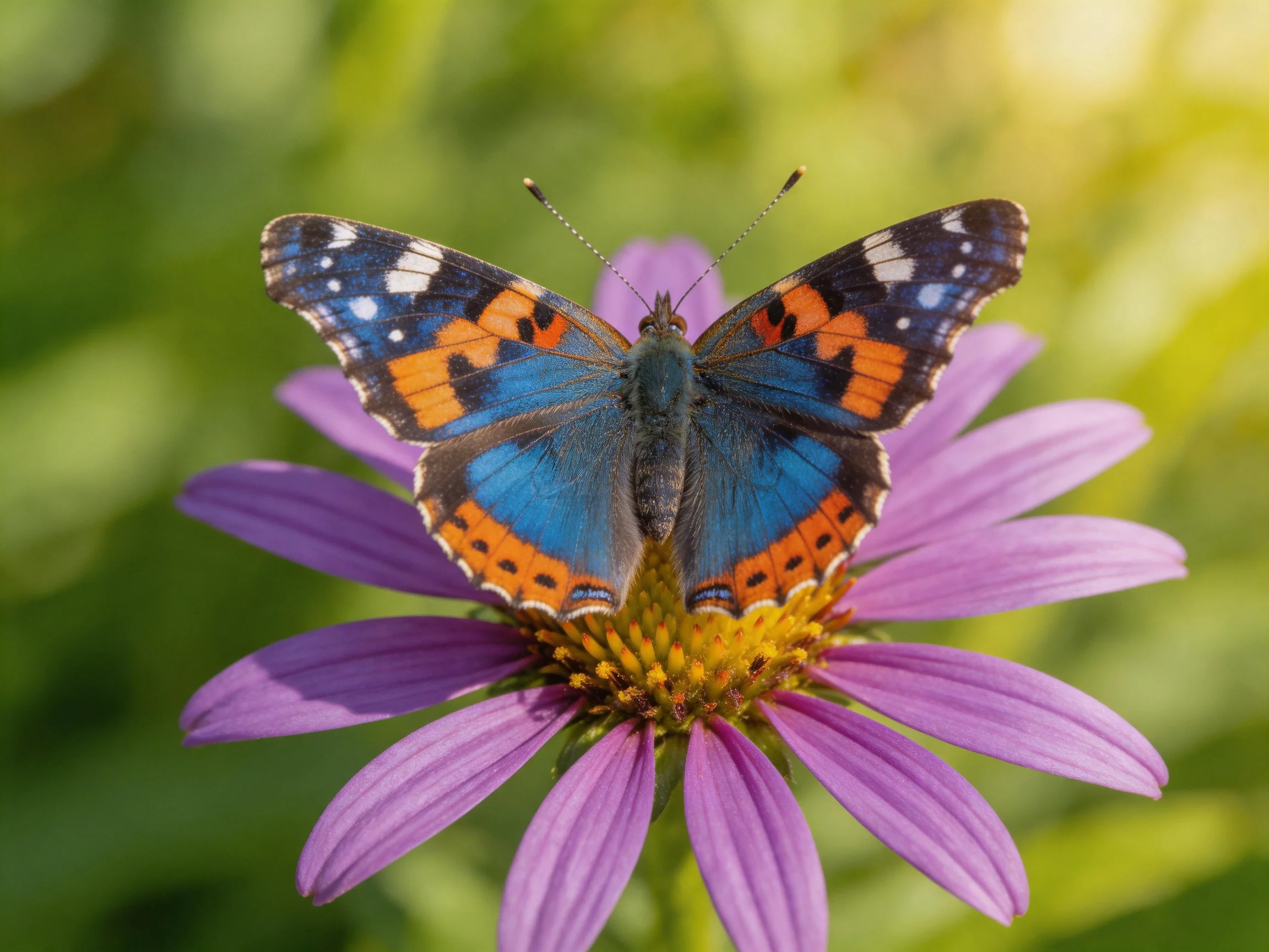 A blue and orange butterfly perches atop a vibrant purple flower