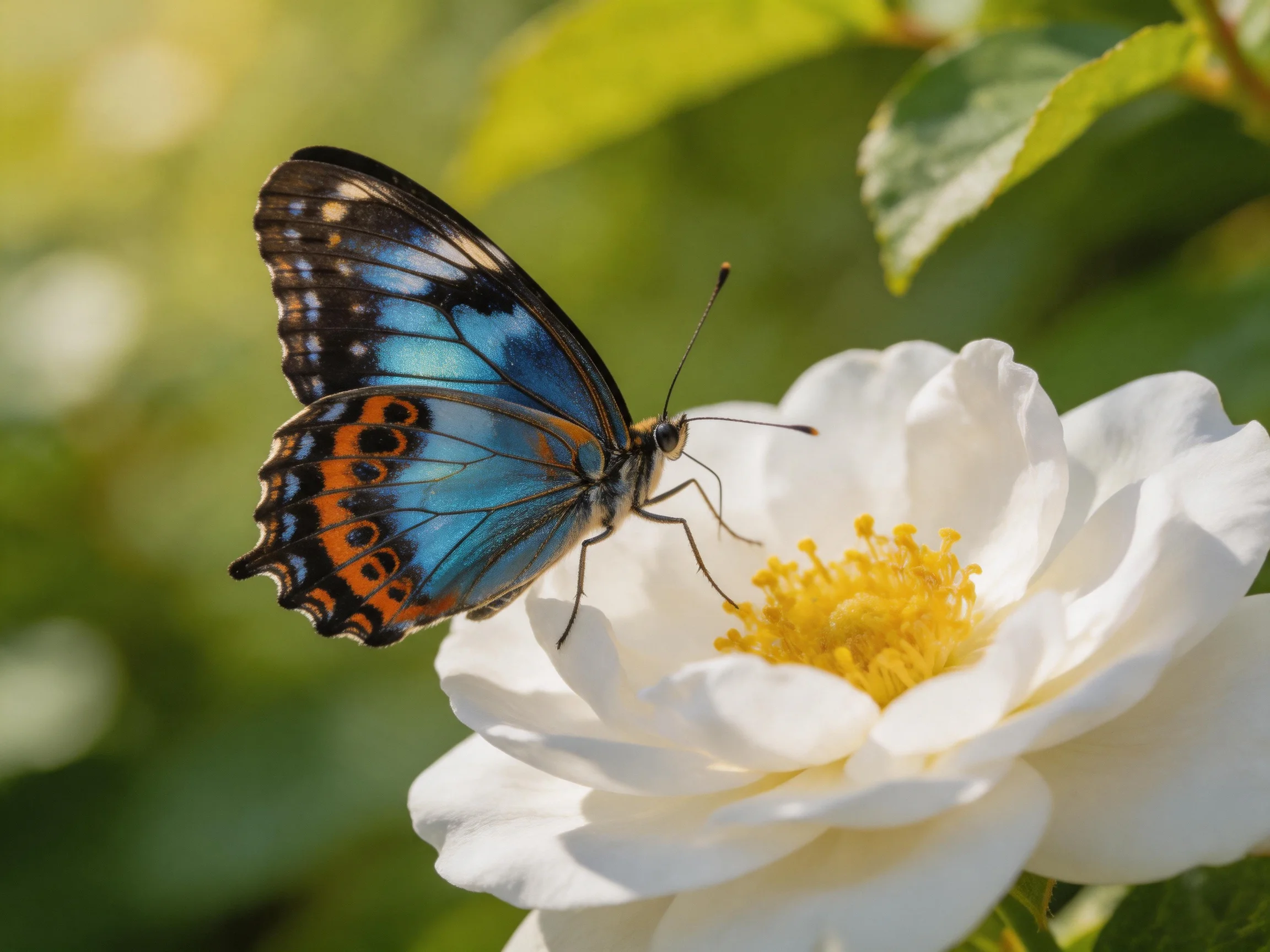 A blue and orange butterfly rests on a white rose