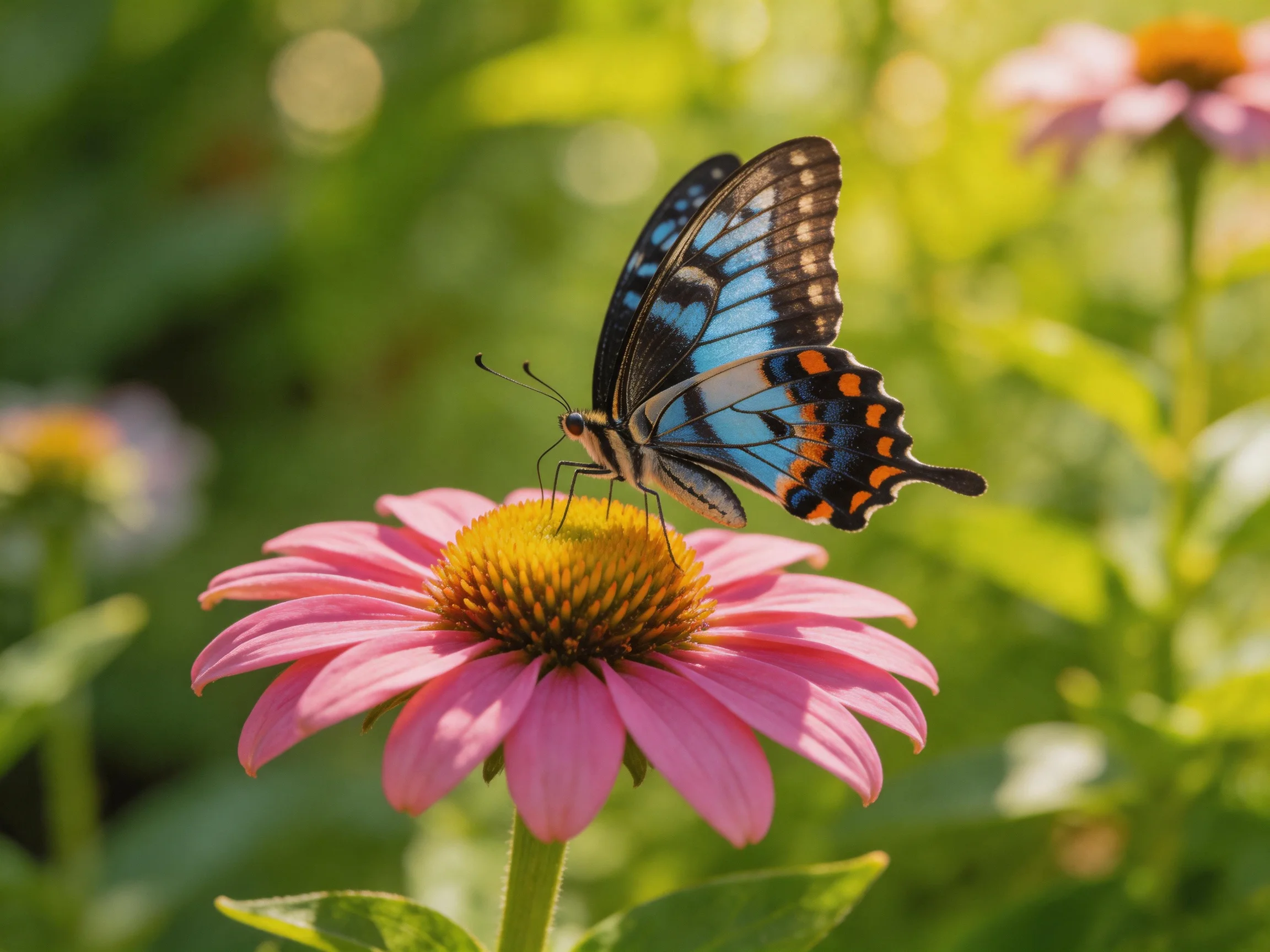 A swallowtail butterfly with blue and orange wings perches on a pink coneflower in a sunlit garden.