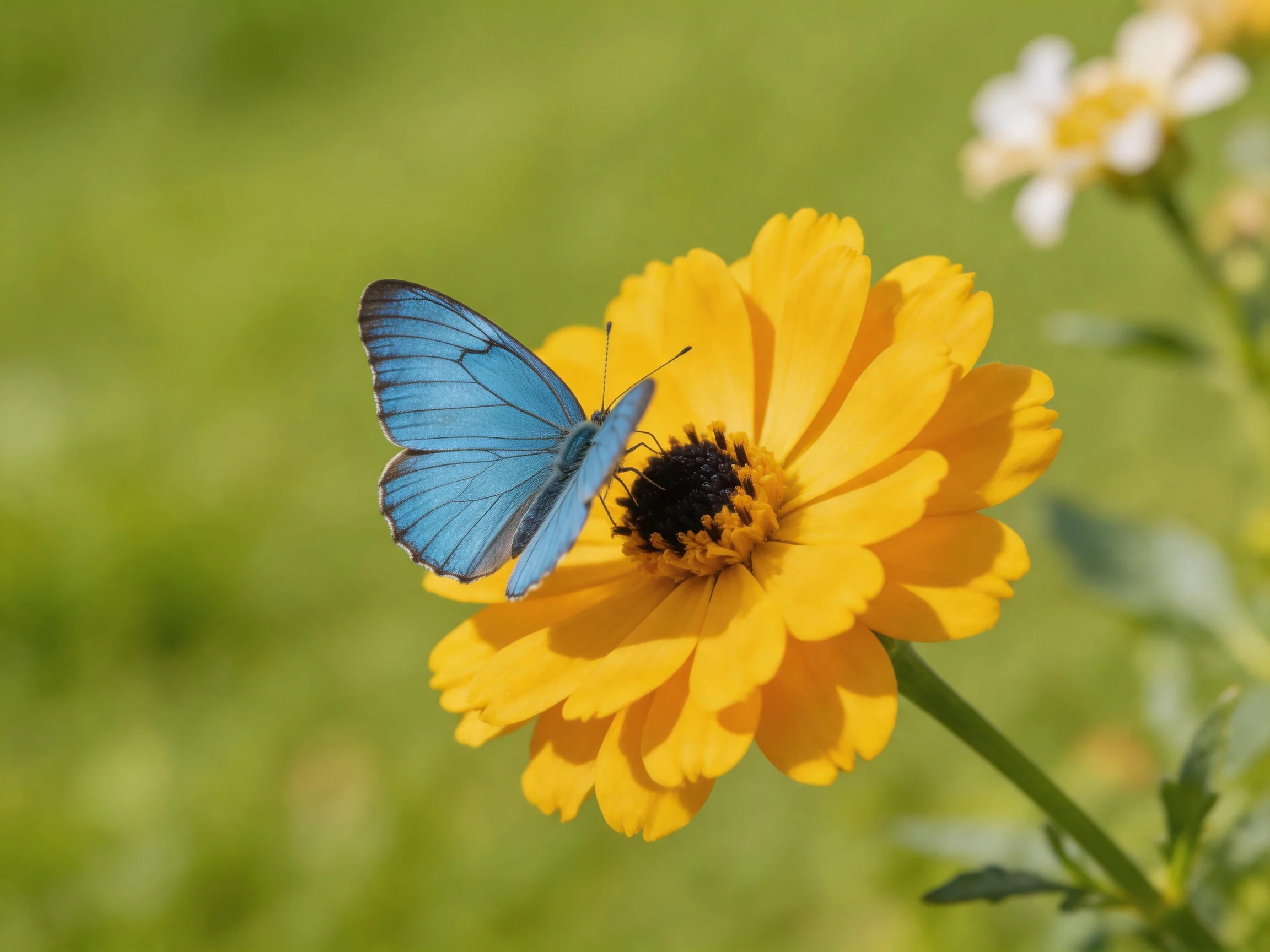 A blue butterfly rests on a large yellow flower in a sunny garden