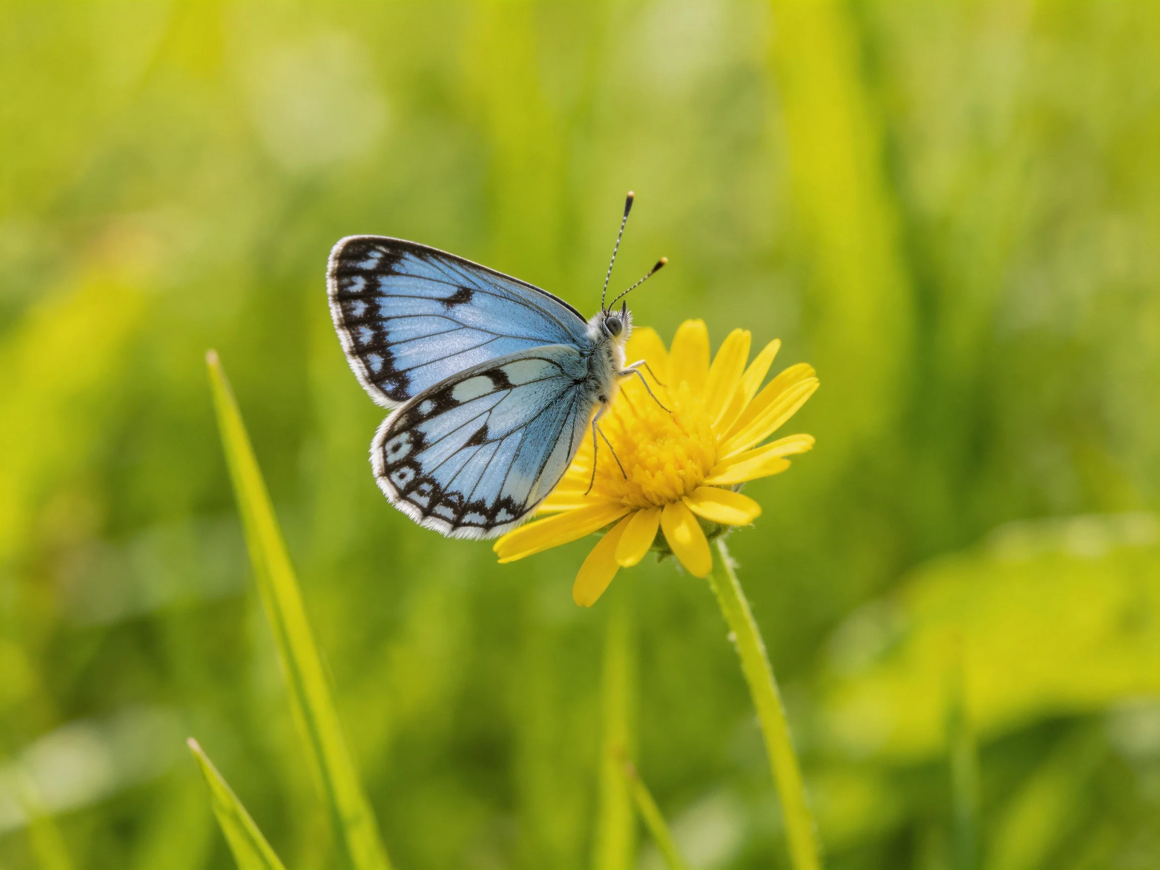 A blue butterfly with black-edged wings perches on a bright yellow daisy