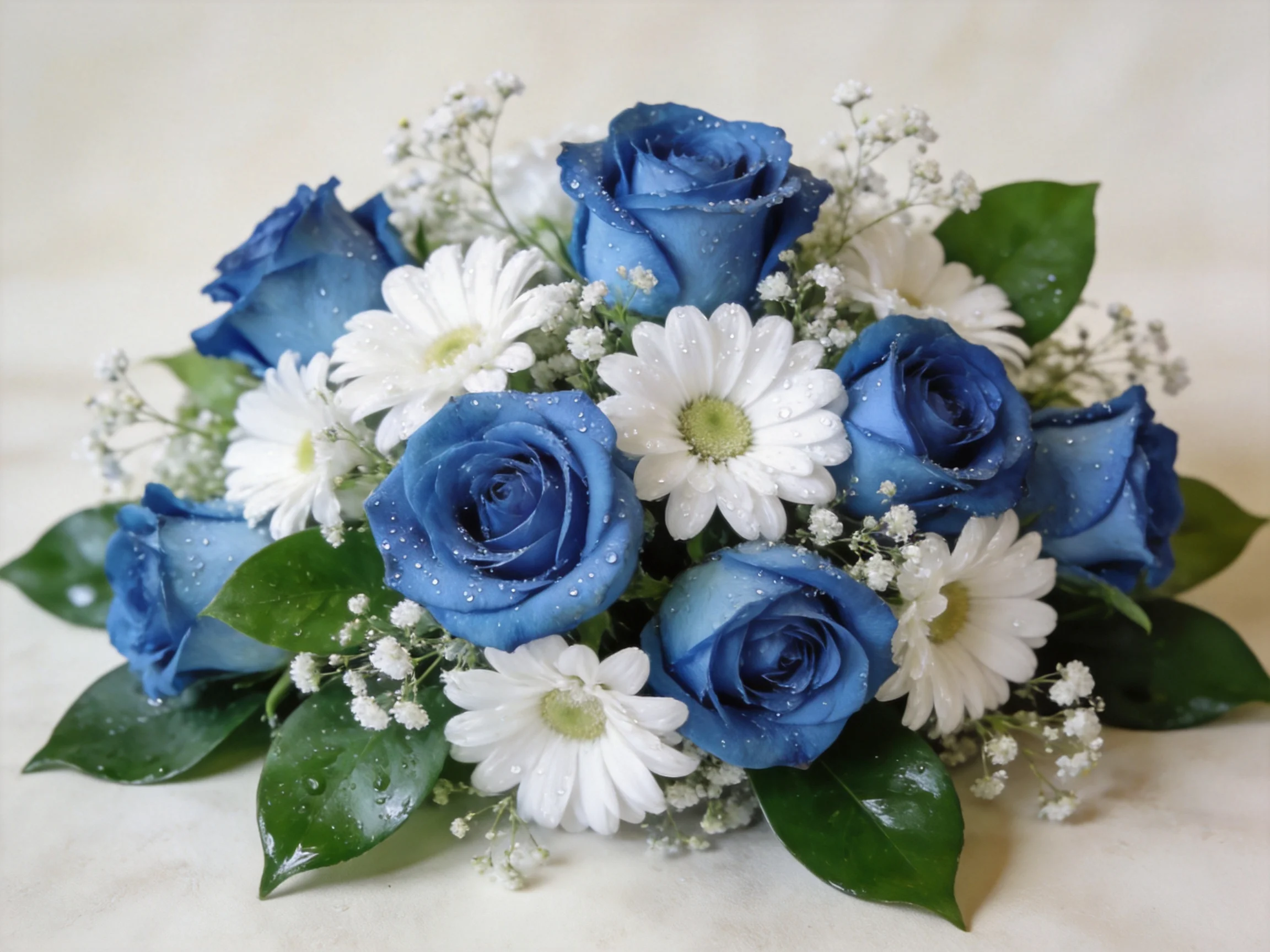 A bouquet featuring blue roses, white daisies, and baby’s breath