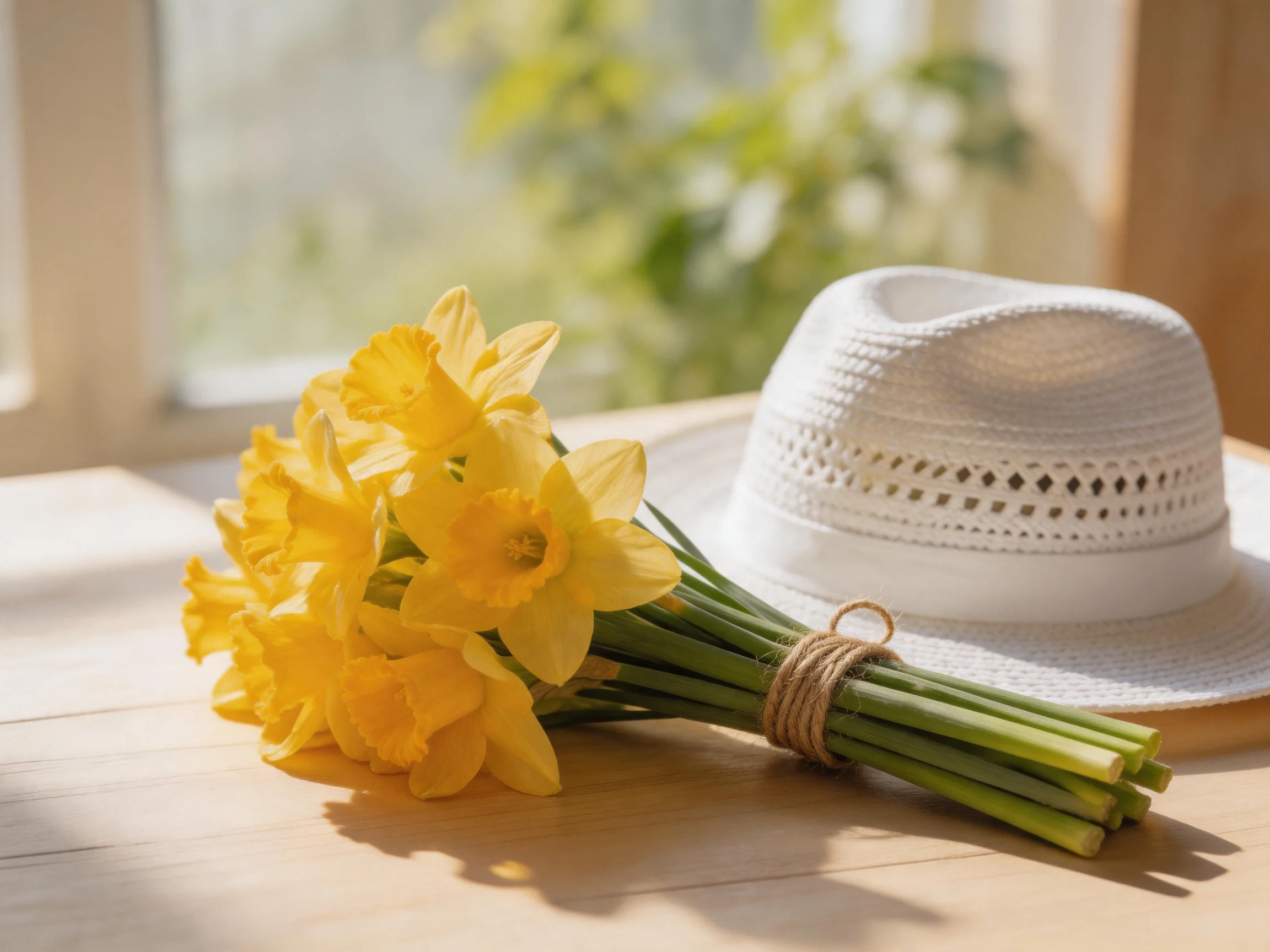 A bouquet of bright yellow daffodils beside a white straw hat on a wooden table