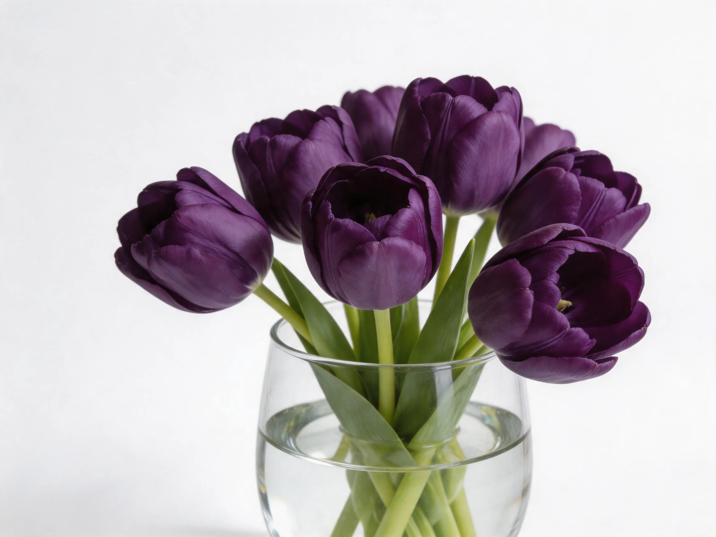 A bouquet of deep purple tulips arranged in a clear glass vase
