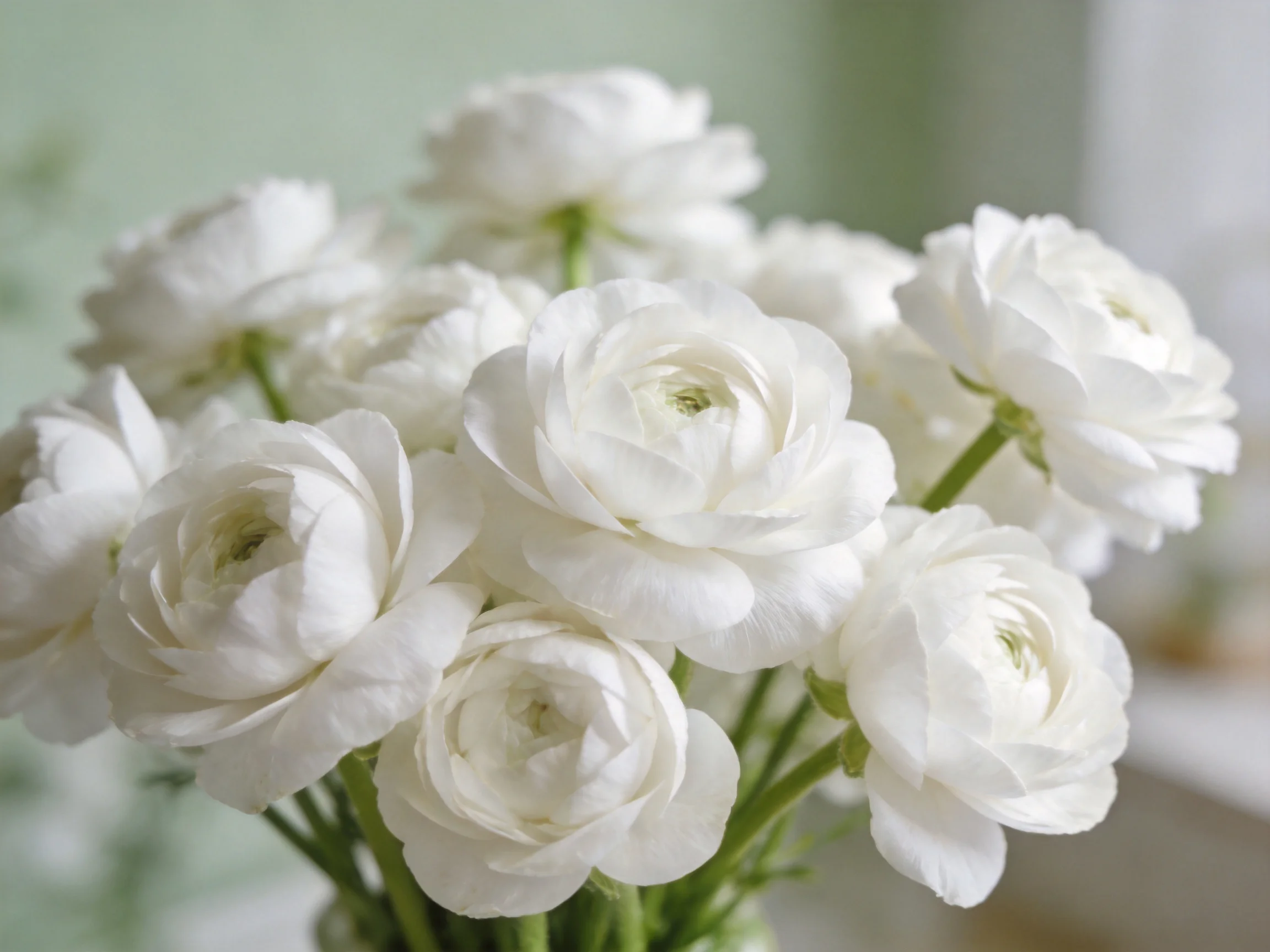 A bouquet of delicate white ranunculus blooms in soft natural light