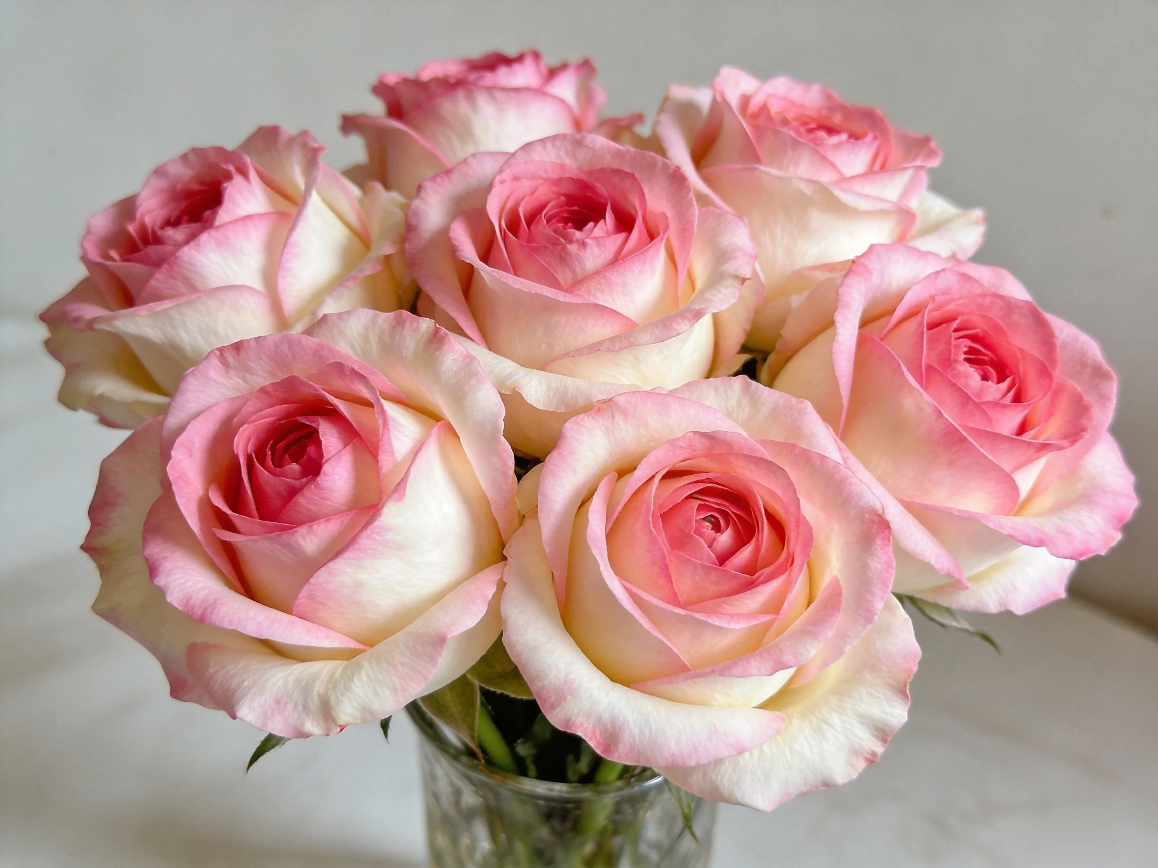 A bouquet of pink and cream roses in a glass vase