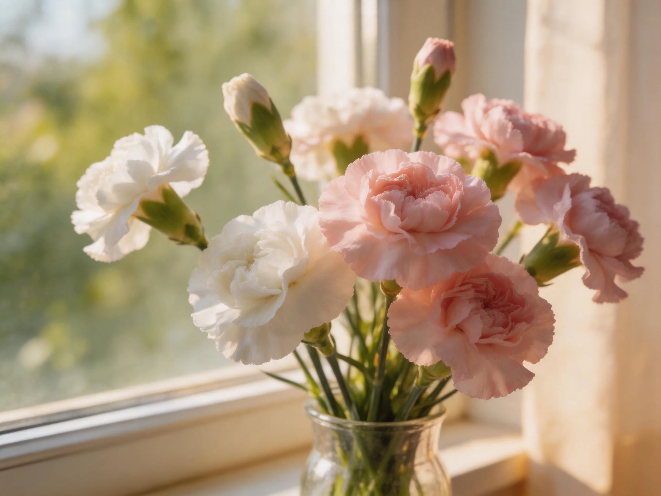 A bouquet of pink and white carnations in a glass vase by a sunlit window