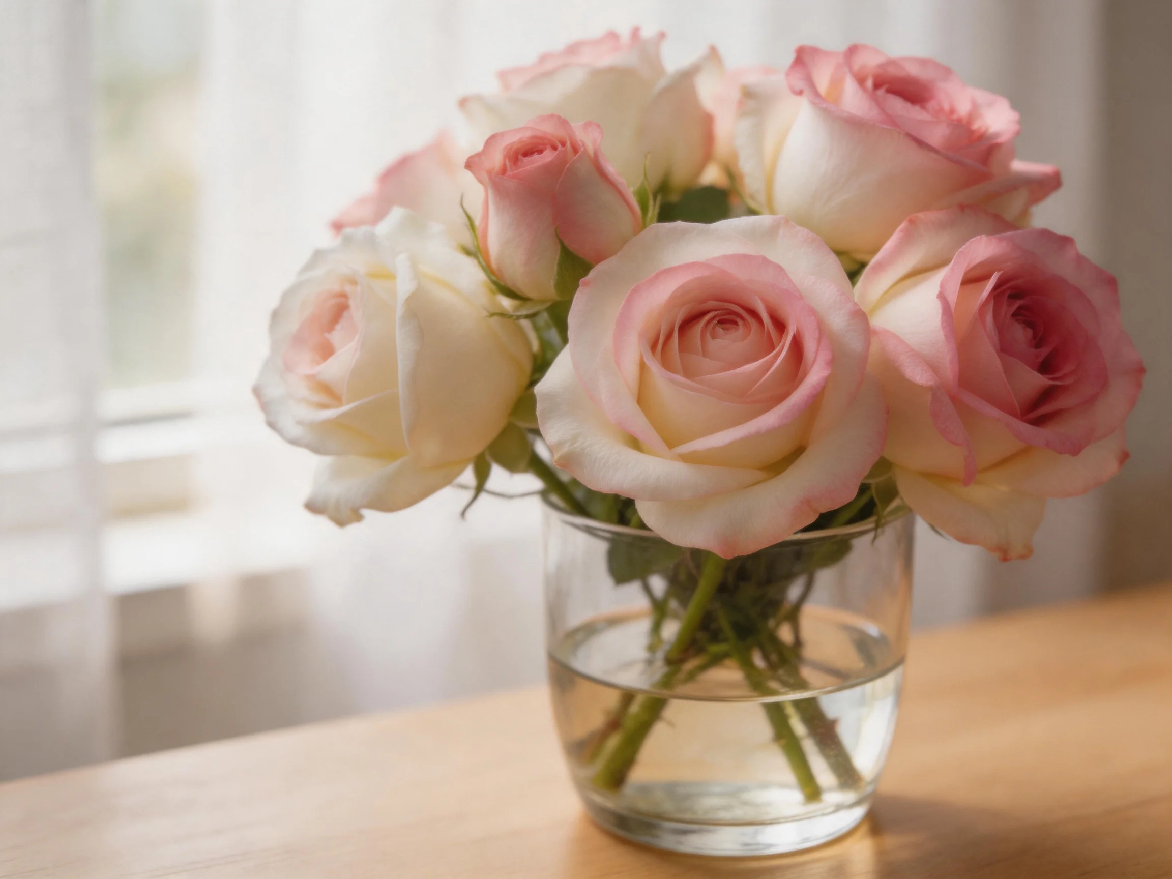 A bouquet of pink and white roses in a glass vase