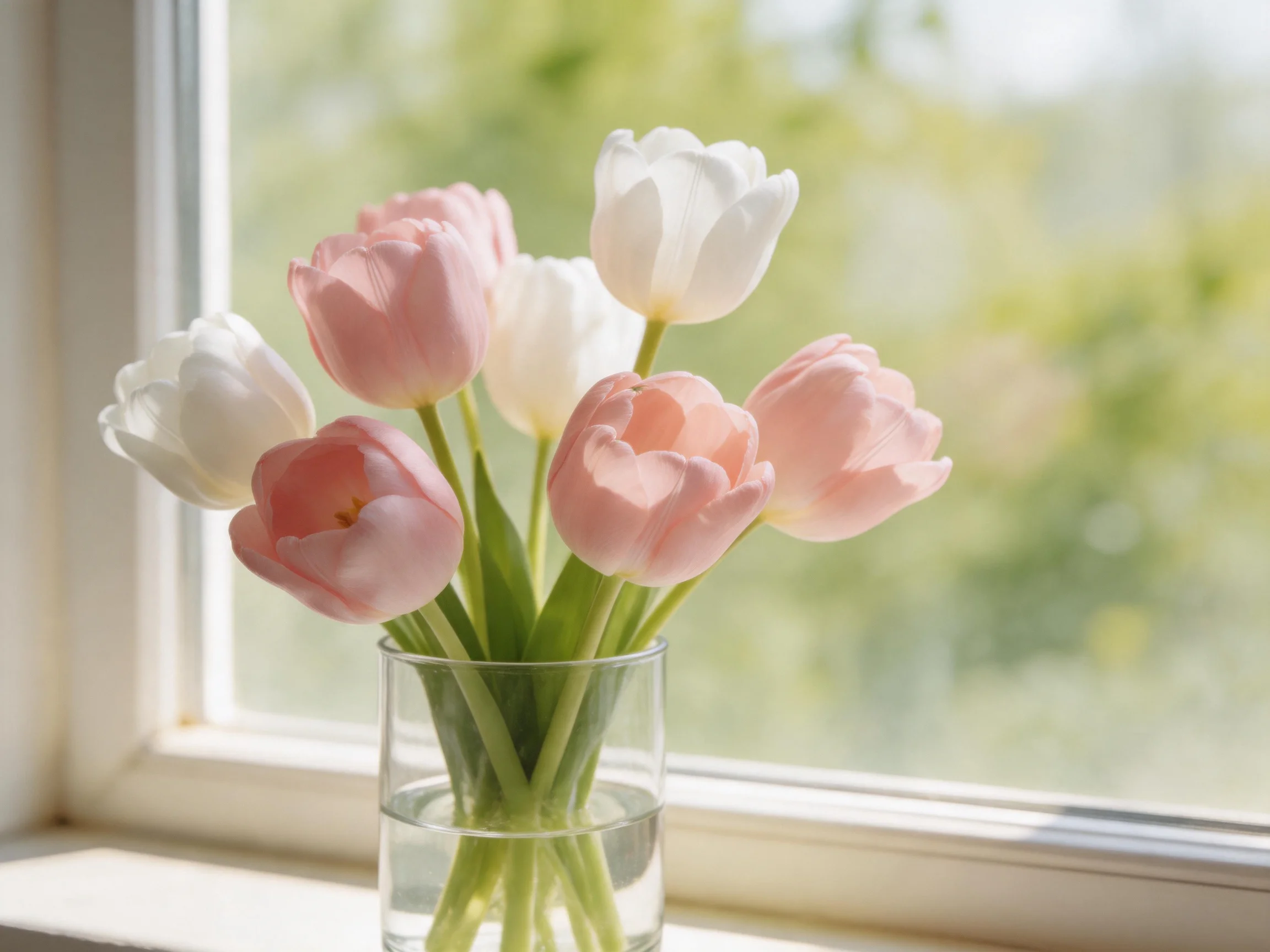 A bouquet of pink and white tulips in a glass vase by a sunlit window