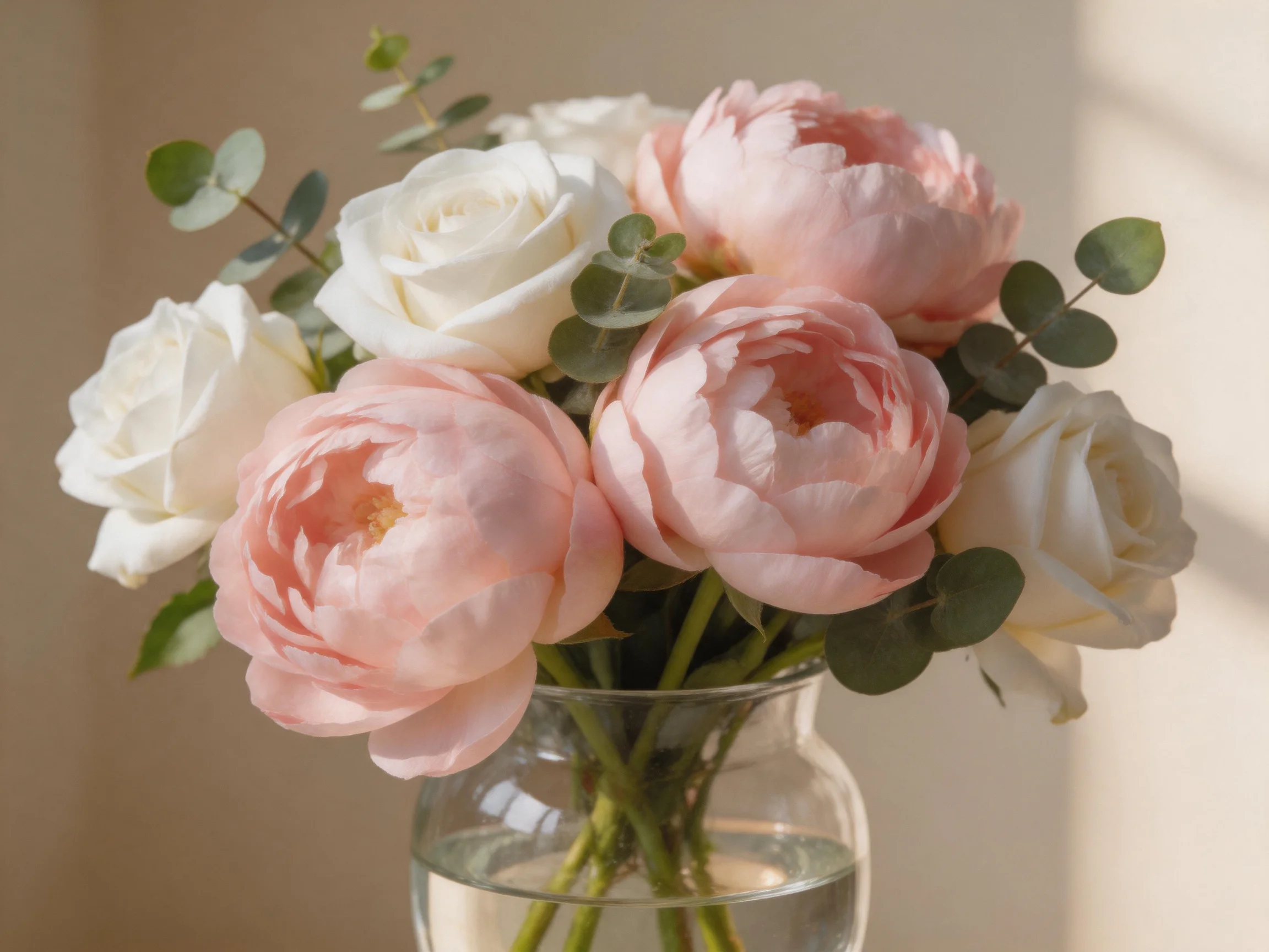 A bouquet of pink peonies, white roses, and eucalyptus in a glass vase